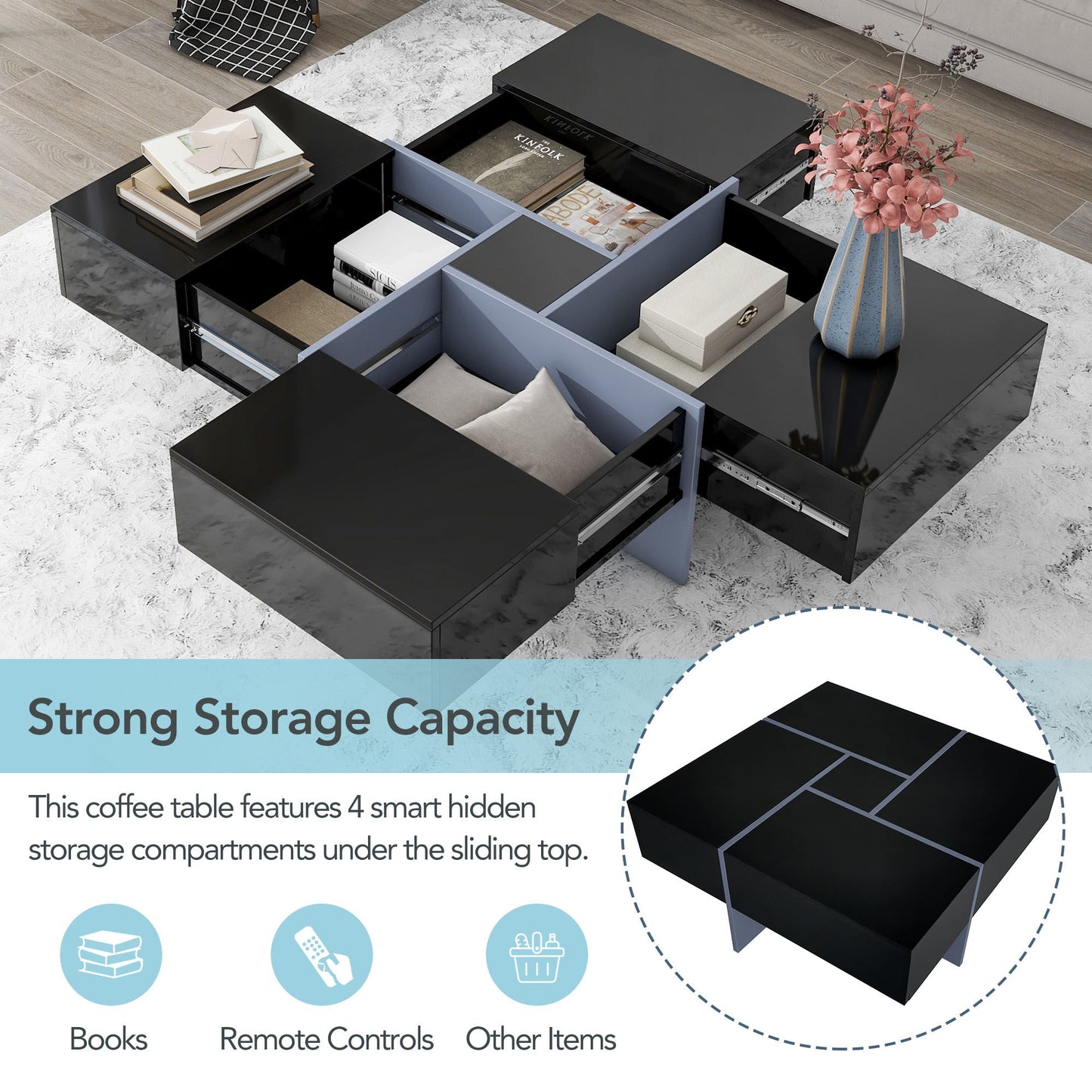 ON-TREND Unique Design Coffee Table with 4 Hidden Storage Compartments, Square Cocktail Table with Extendable Sliding Tabletop, UV High-gloss Design Center Table for Living Room, 31.5'x 31.5'