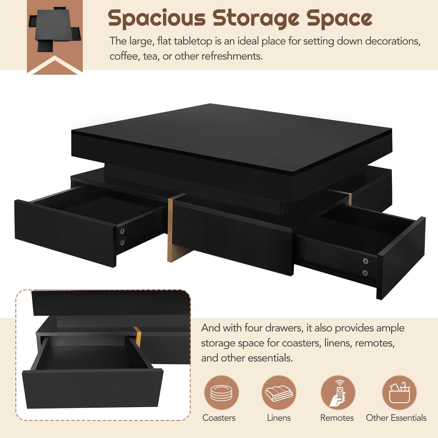 ON-TREND Modern High Gloss Coffee Table with 4 Drawers, Multi-Storage Square Cocktail Tea Table with Wood Grain Legs, Center Table for Living Room, 31.5''x31.5'', Black