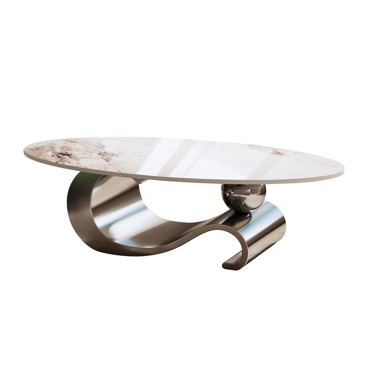 49.2' Faux Marble Oval Coffee Table, Contemporary Gray Stainless Steel Base, Modern Center Table for Living Room