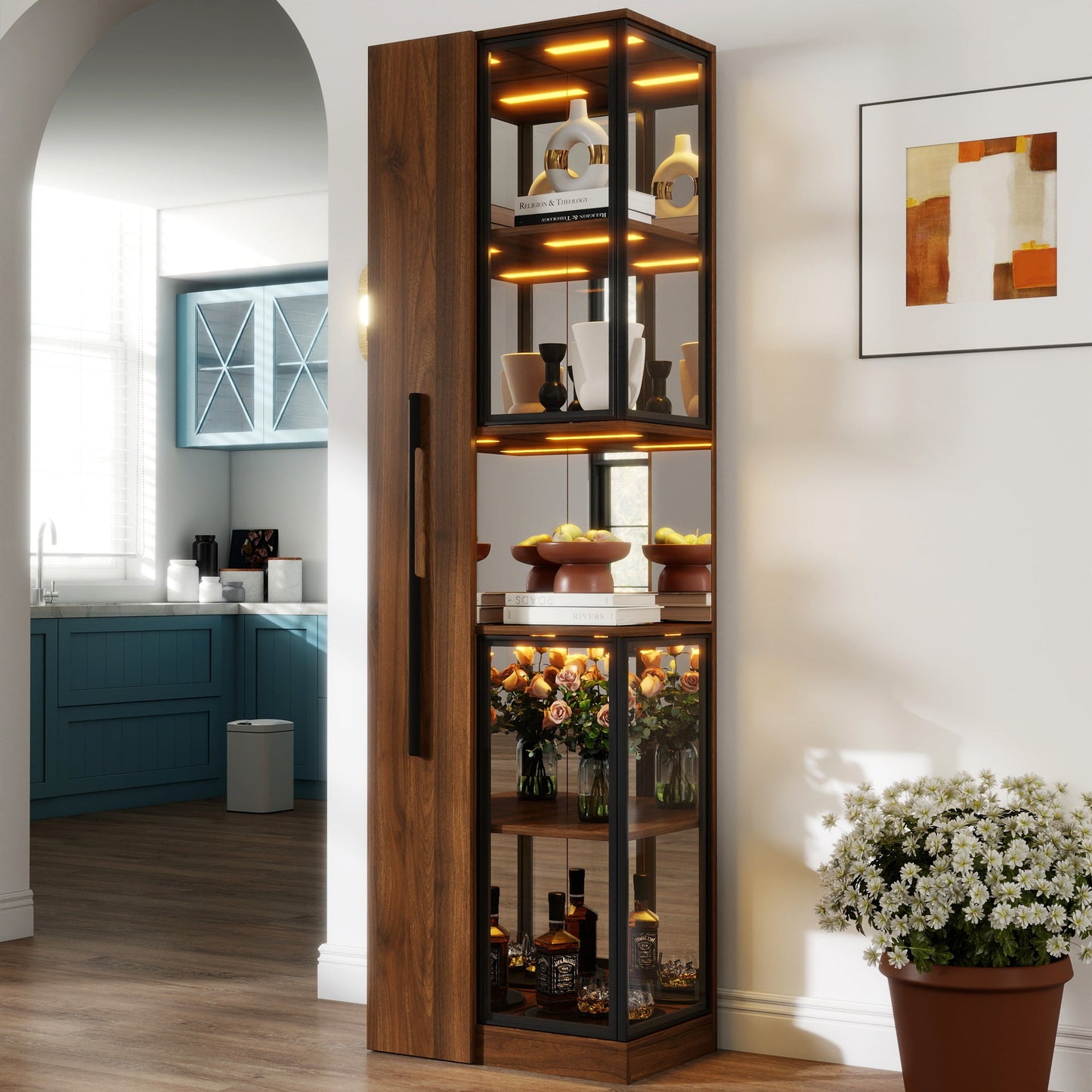70' Display Cabinet with Glass Doors and Lights, with multi-functional pull-out multi-tier storage shelf , Wooden Display Storage Cabinets