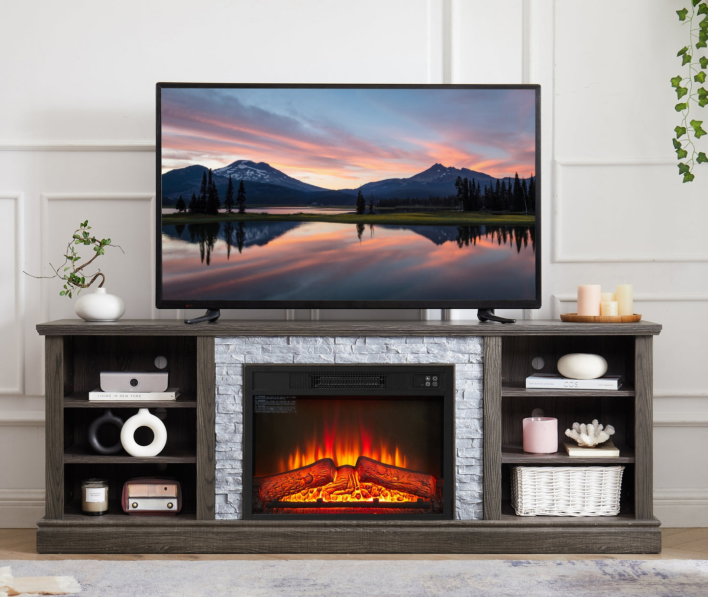 Large TV Desk Storage Rack with Faux Stacked Stone Surround,Media Console Table with Large Storage Cabinet,Modern TV Media Stand with 23' Fireplace Insert,Cherry, 70.12'W*15.35'D*25.83'H