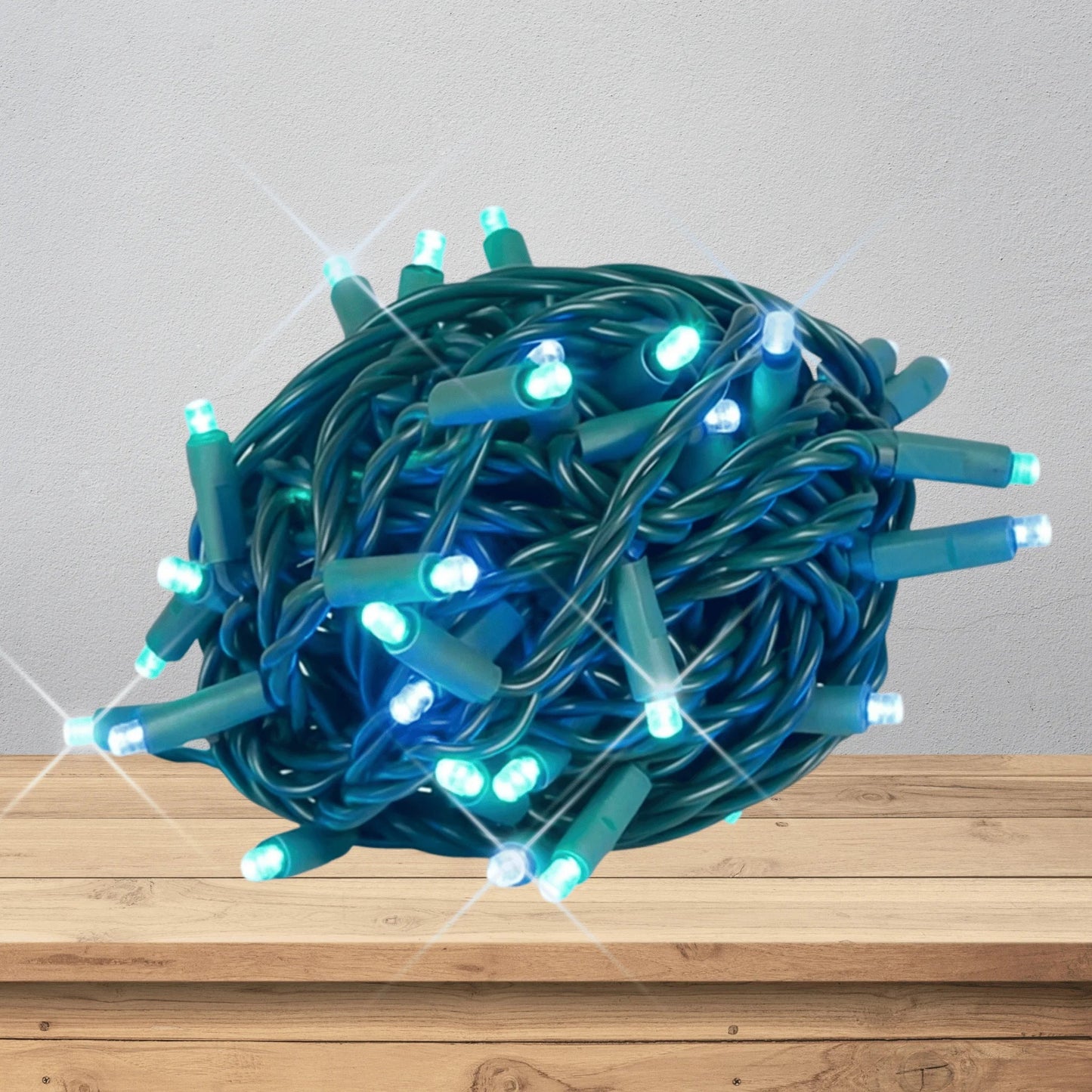 LED Mini Lights 5MM Aqua Blue and Cool White Twinkle Green Wire- 6" Spacing