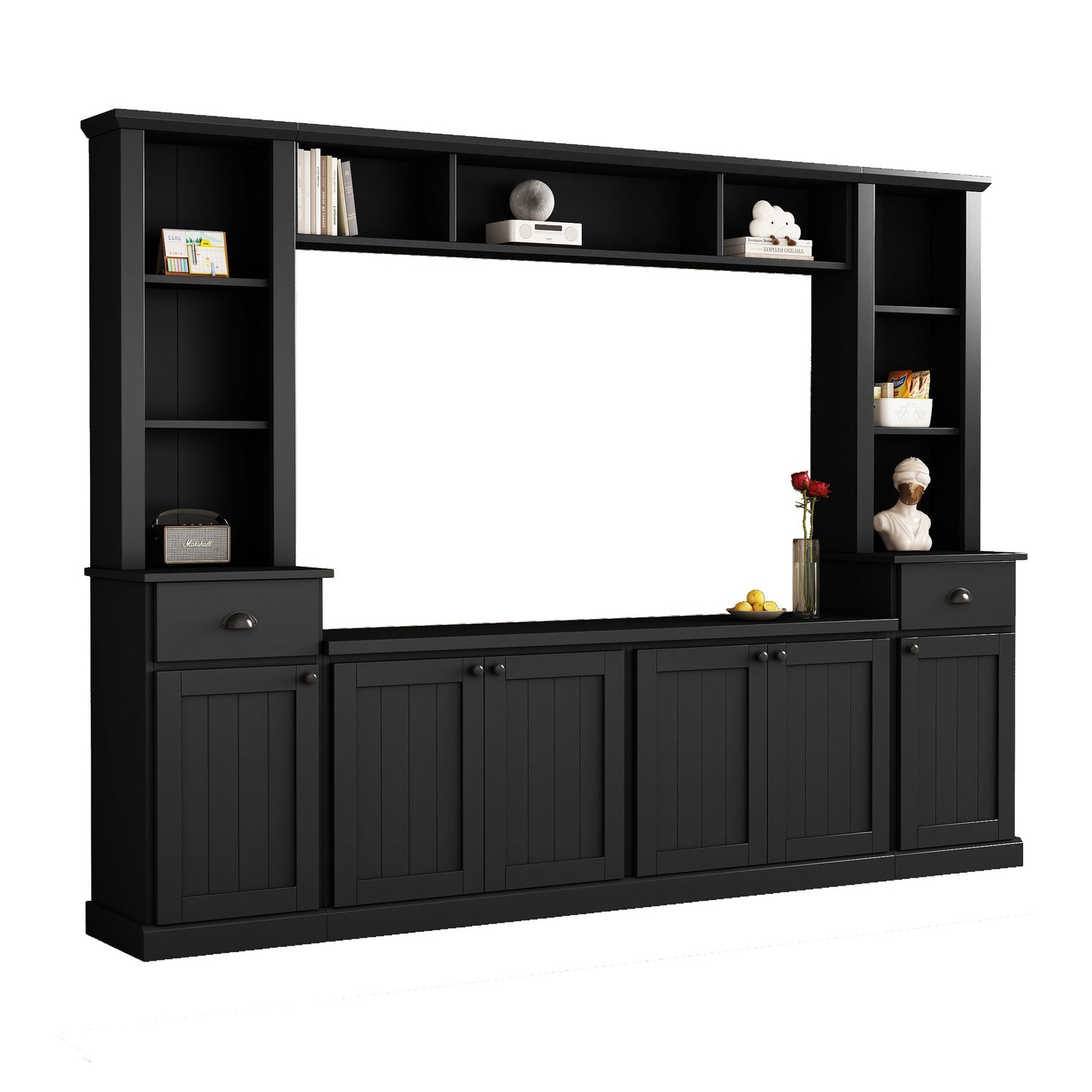 Minimalist Entertainment Wall Unit Set with Bridge for TVs Up to 75'', Ample Storage Space TV Stand with Adjustable Shelves, Modernist Large Media Console for Living Room, Black