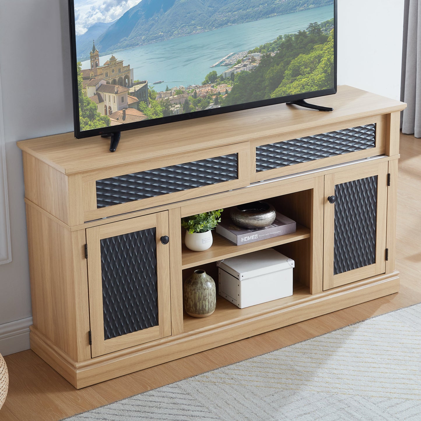 Embossed Pattern TV Stand, TV and Media Console with Open and Closed Storage Space and sliding door for Living Room & Bedroom, LIGHT OAK, 58.27'W*15.35'W*31.7H