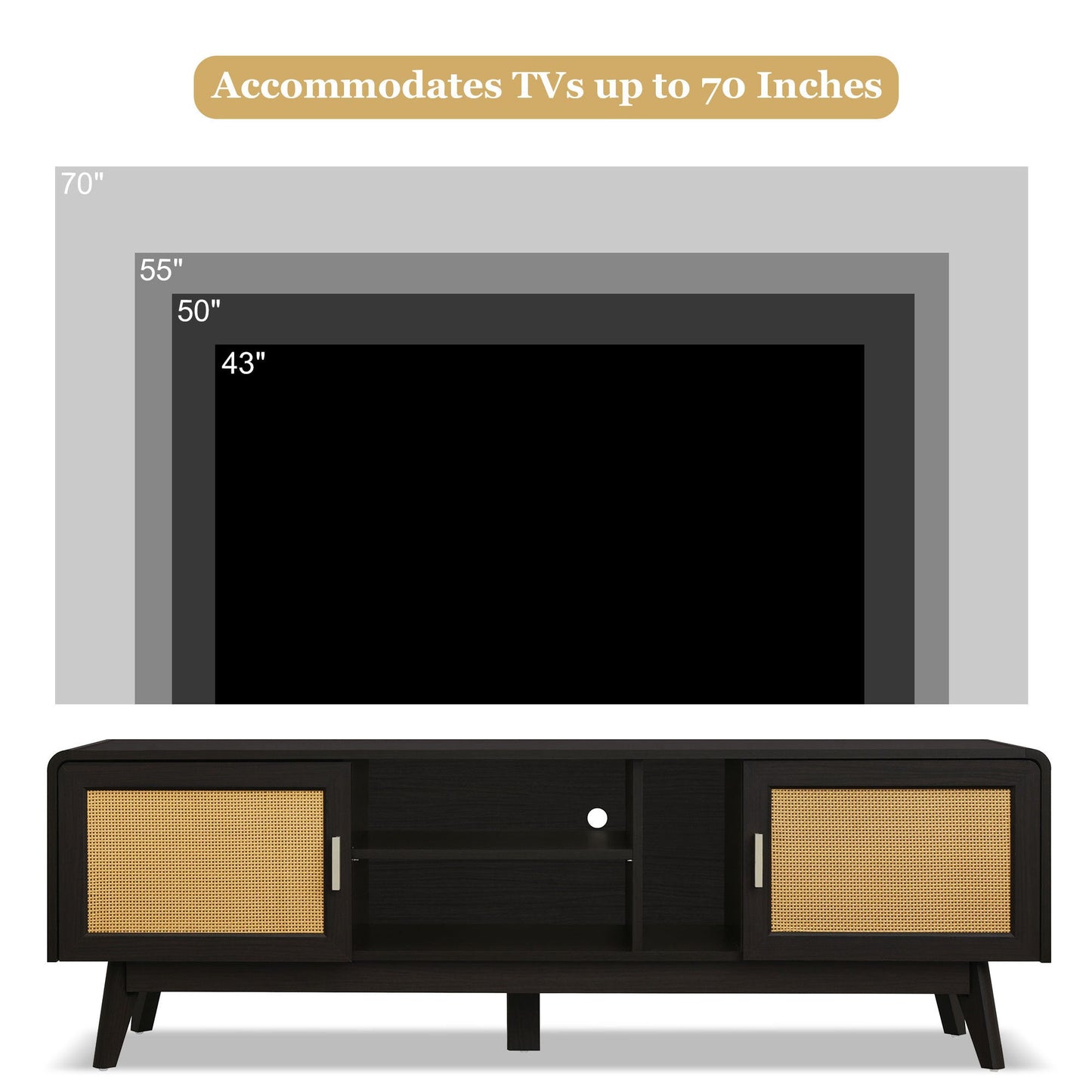 63'' Dark Rattan TV Stand with 2 Storage Cabinets for 65 Inch TV, Entertainment Center with Solid Wood Legs, Media Console Table for Living Room, Bedroom