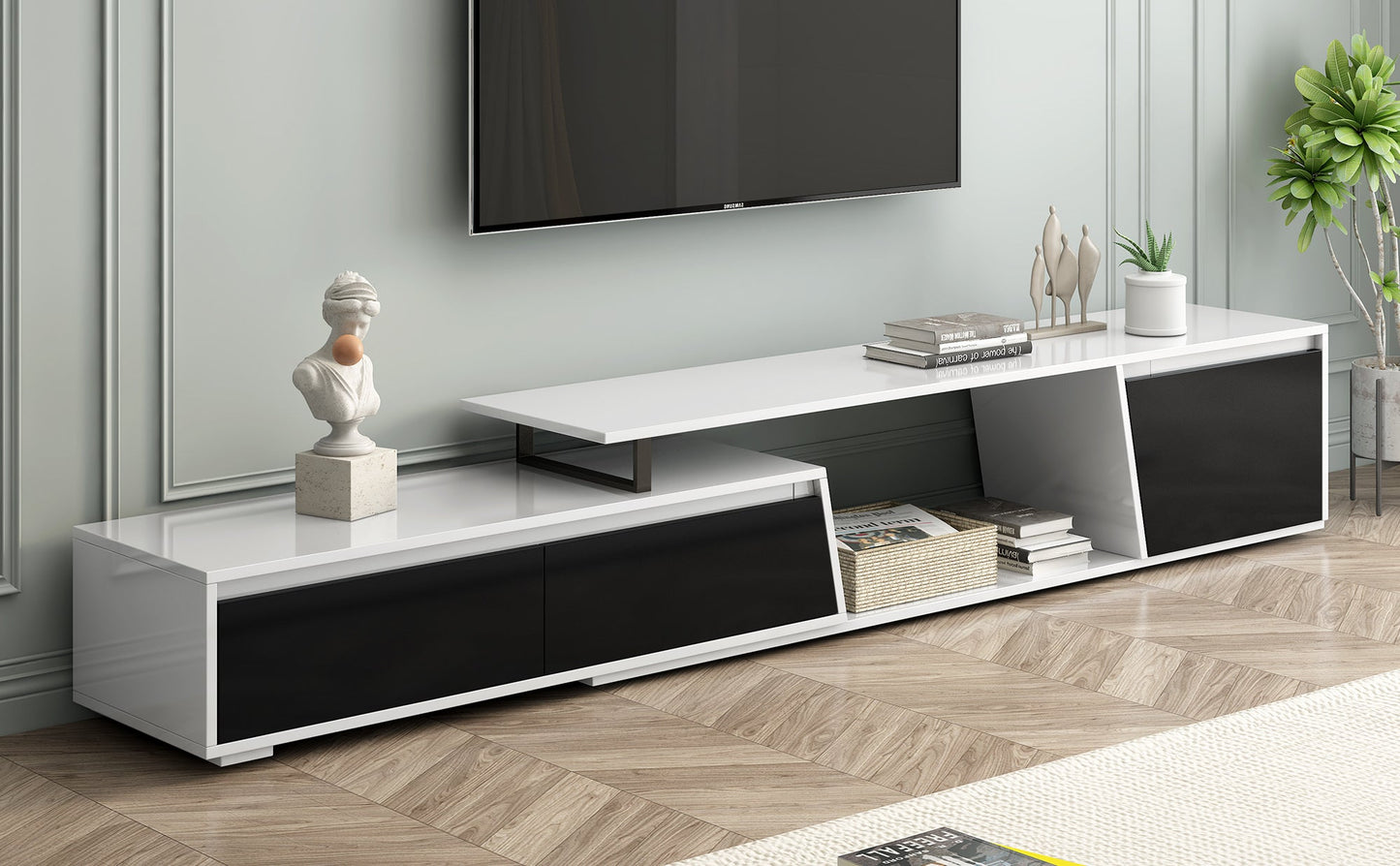 U-Can Modern, Minimalist Rectangle Extendable TV Stand, TV Cabinet with 2 Drawers and 1 Cabinet for Living Room, Up to 100''