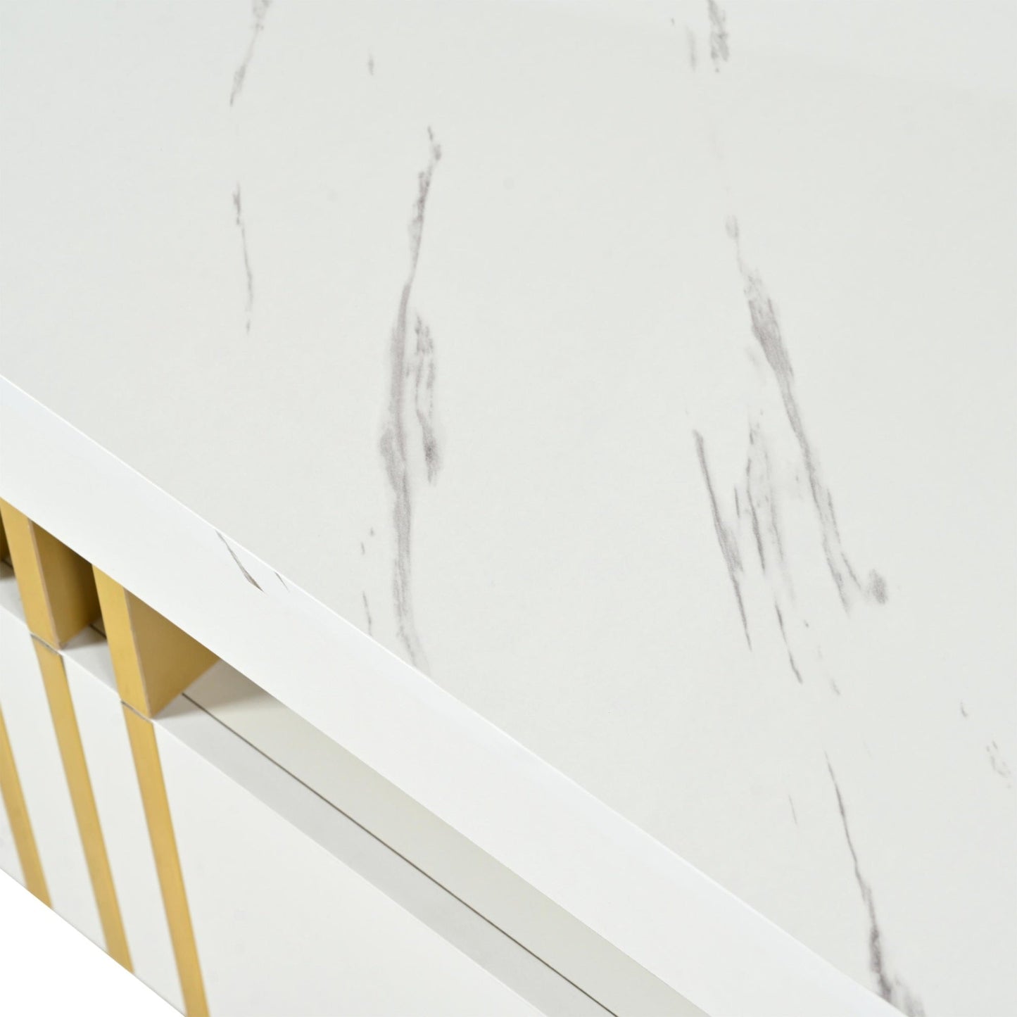 ON-TREND Contemporary Coffee Table with Faux Marble Top, Rectangle Cocktail Table with Caster Wheels, Moderate Luxury Center Table with Gold Metal Bars for Living Room, White
