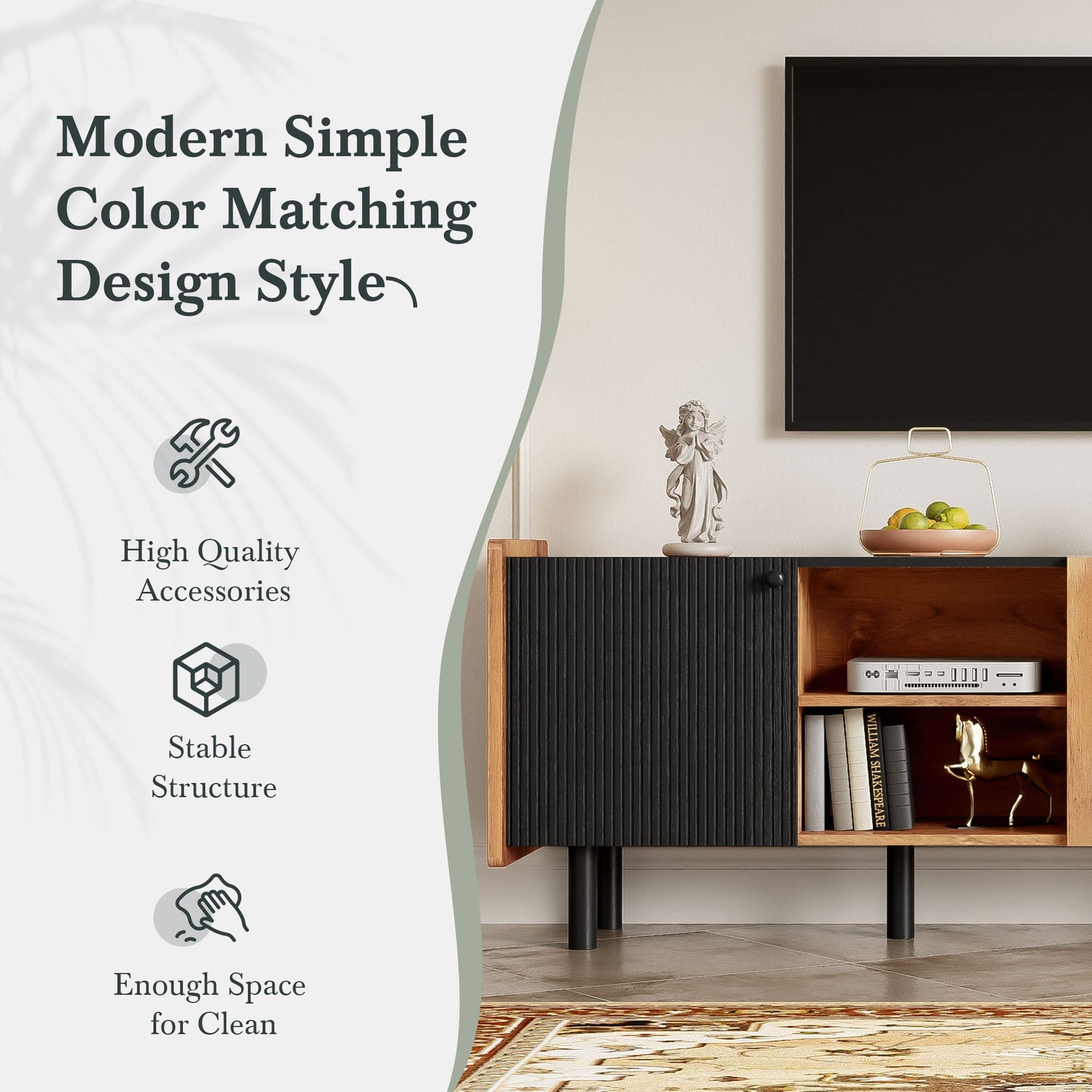 Mid Century TV Stand with 3 Cabinets, Media Console Table for TVs up to 70'', Entertainment Center with Storage for Living room, Bedroom, Black Color Top Panel & Handle
