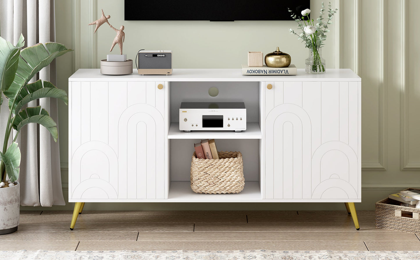 U-Can Modern TV Stand for TVs up to 55 Inches, Entertainment Center Media Console,Adjustable Shelf, Metal Legs, Handles and Anti-tip Device for Living room