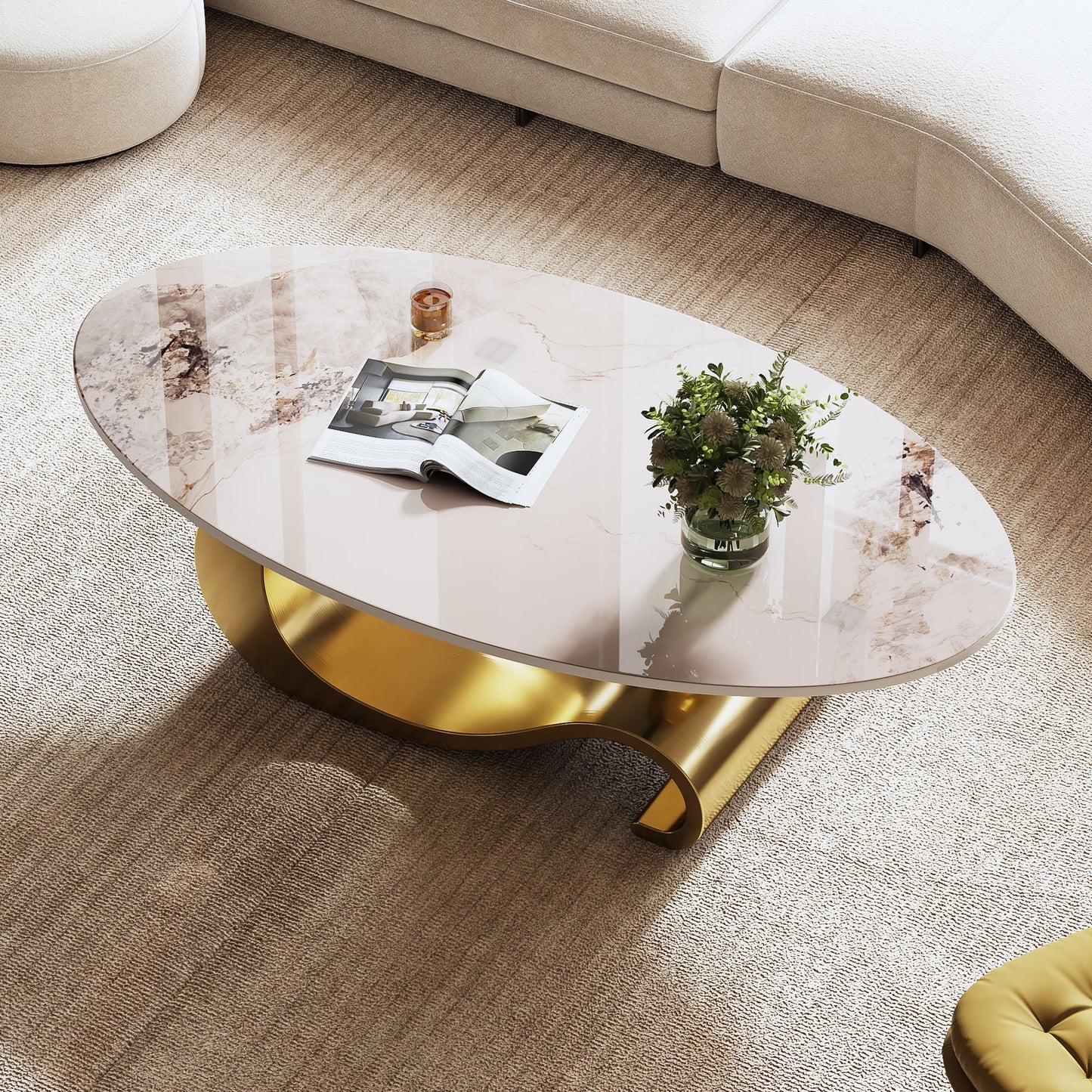 49.2' Faux Marble Oval Coffee Table, Contemporary Gold Stainless Steel Base, Modern Center Table for Living Room