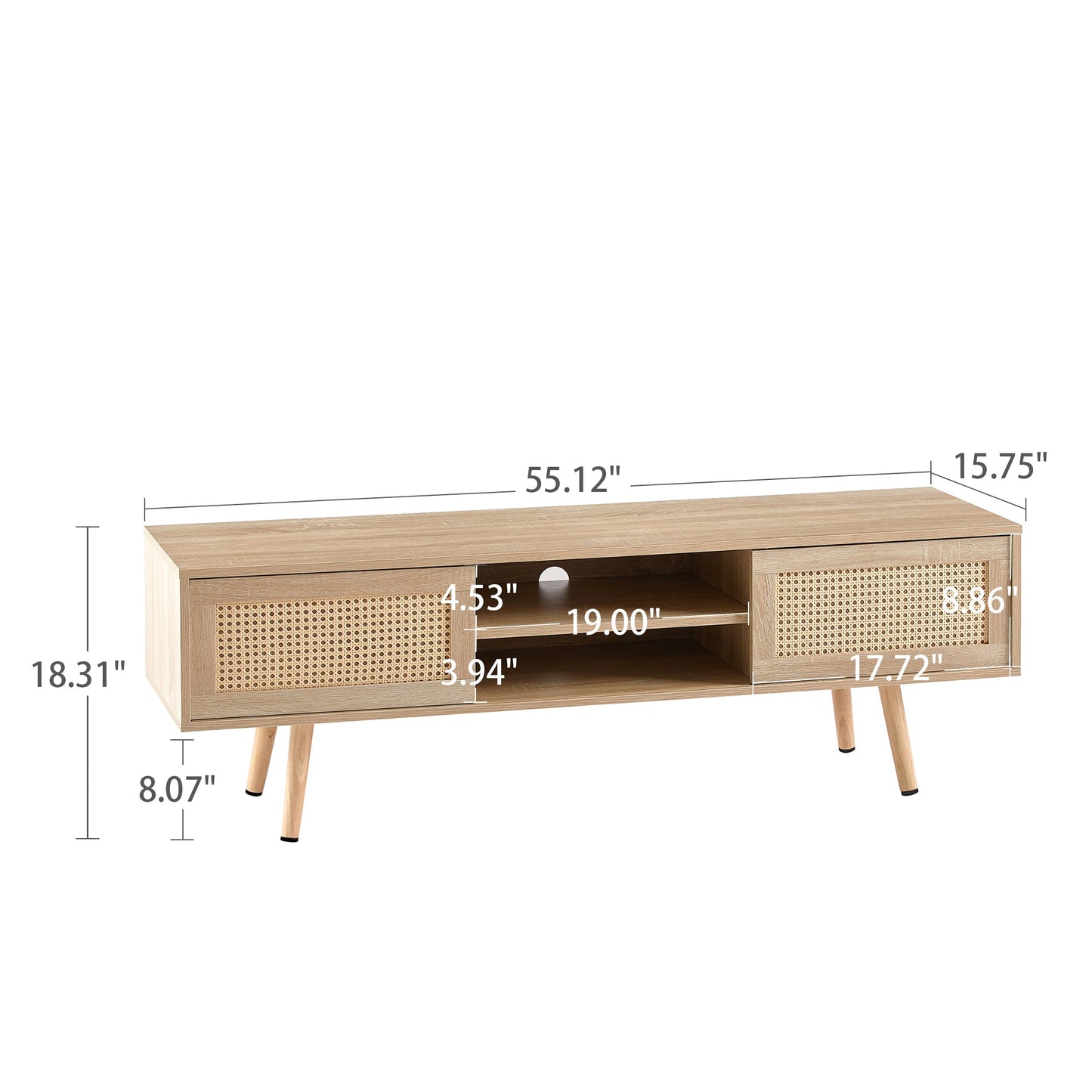 Natural Rattan TV Cabinet with Double Sliding Doors, Adjustable Shelf, Solid Wood Legs, 55.12 Inches