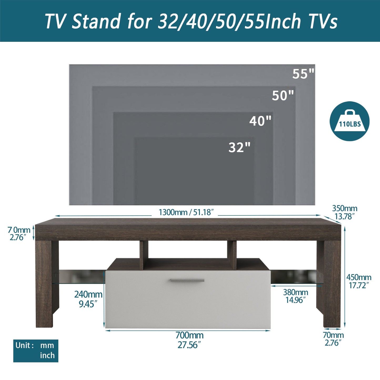 20 minutes quick assembly brown simple modern TV stand with the toughened glass shelf Floor cabinet Floor TV wall cabinet Brown + whiteTV bracket with LED Color Changing Lights for Living Room