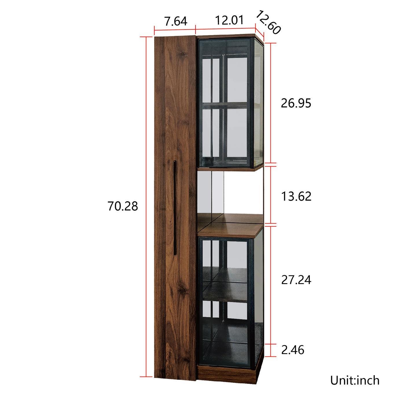 70' Display Cabinet with Glass Doors and Lights, with multi-functional pull-out multi-tier storage shelf , Wooden Display Storage Cabinets