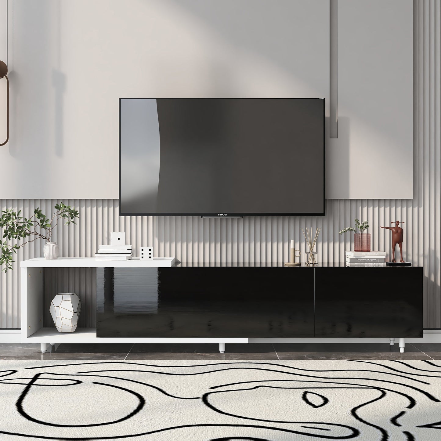 U-Can 70.1''-100'' Modern Stylish TV Stand TV Cabinet for 80+inch TV, White+Black, (Old SKU:WF299723AAB)