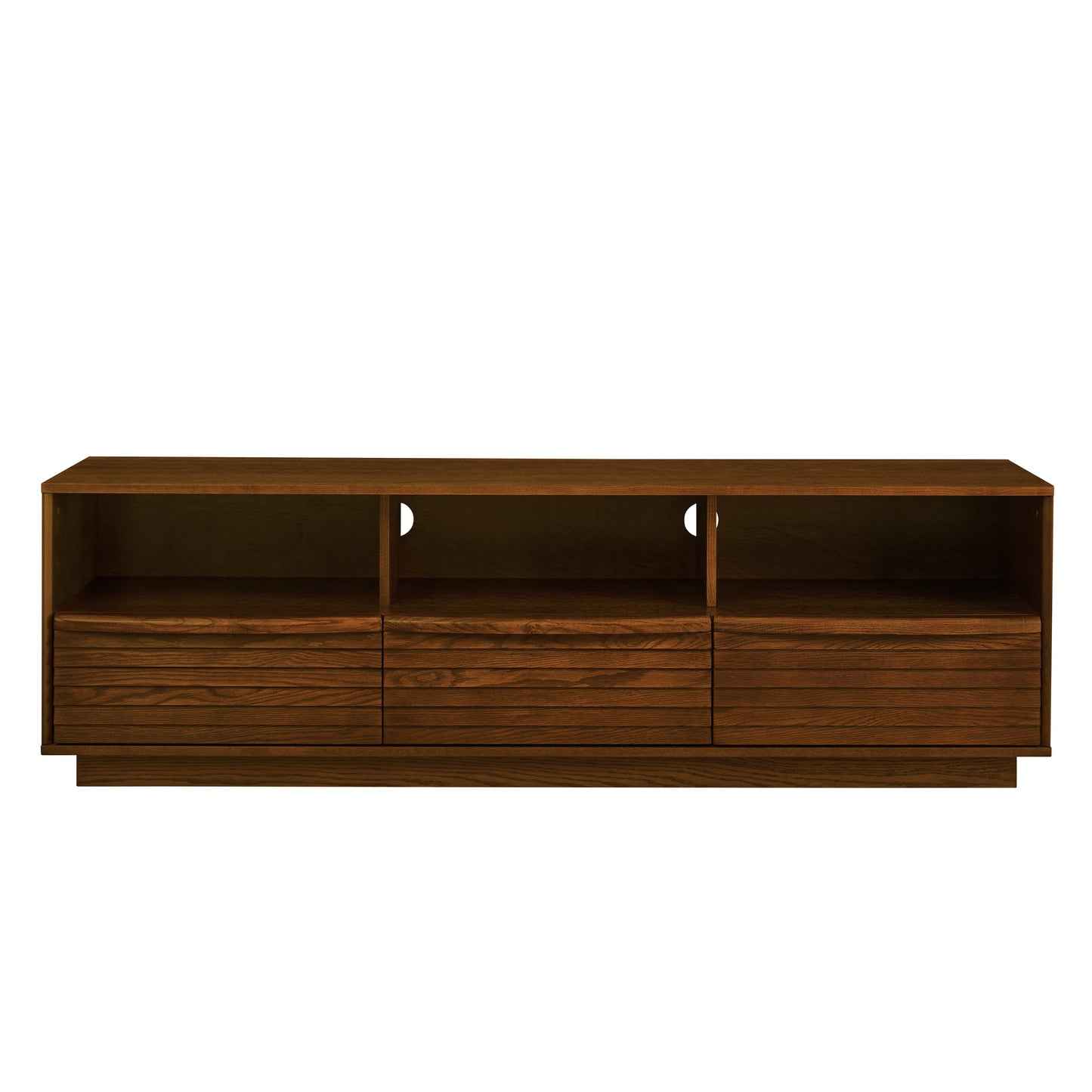 63' Mid-Century Modern TV Stand for TVs up to 75', Thick Sturdy Farmhouse Entertainment Cabinet, Media Console for Living Room, Louver Design & Solid Wood Drawers & Outlet Holes, Walnut