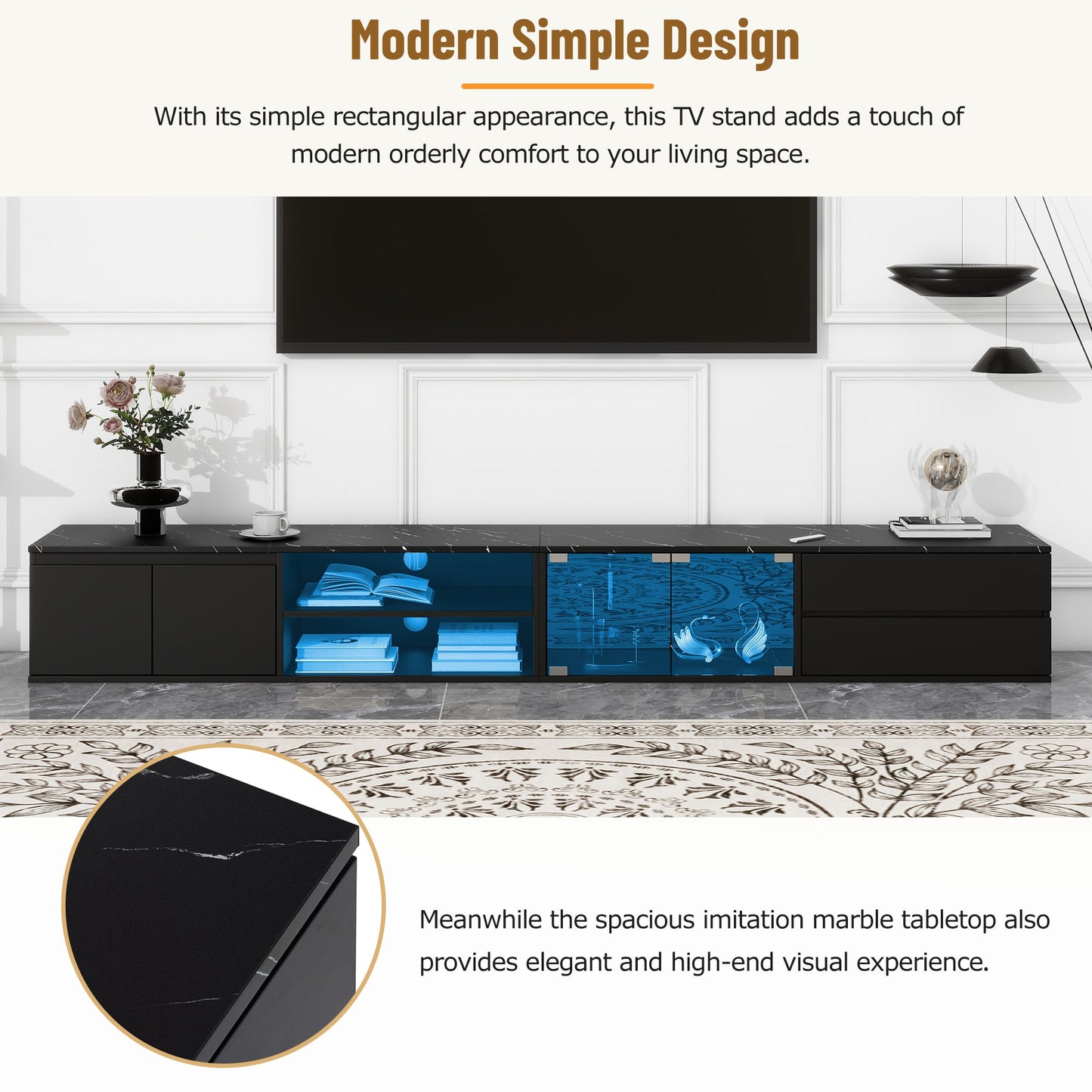 ON-TREND Modern APP Controlled LED TV Stand for TVs Up to 105'', Faux Marble Tabletop Media Console with Tempered Glass Doors, Entertainment Center with 2 Drawers & Cabinets for Living Room, Black