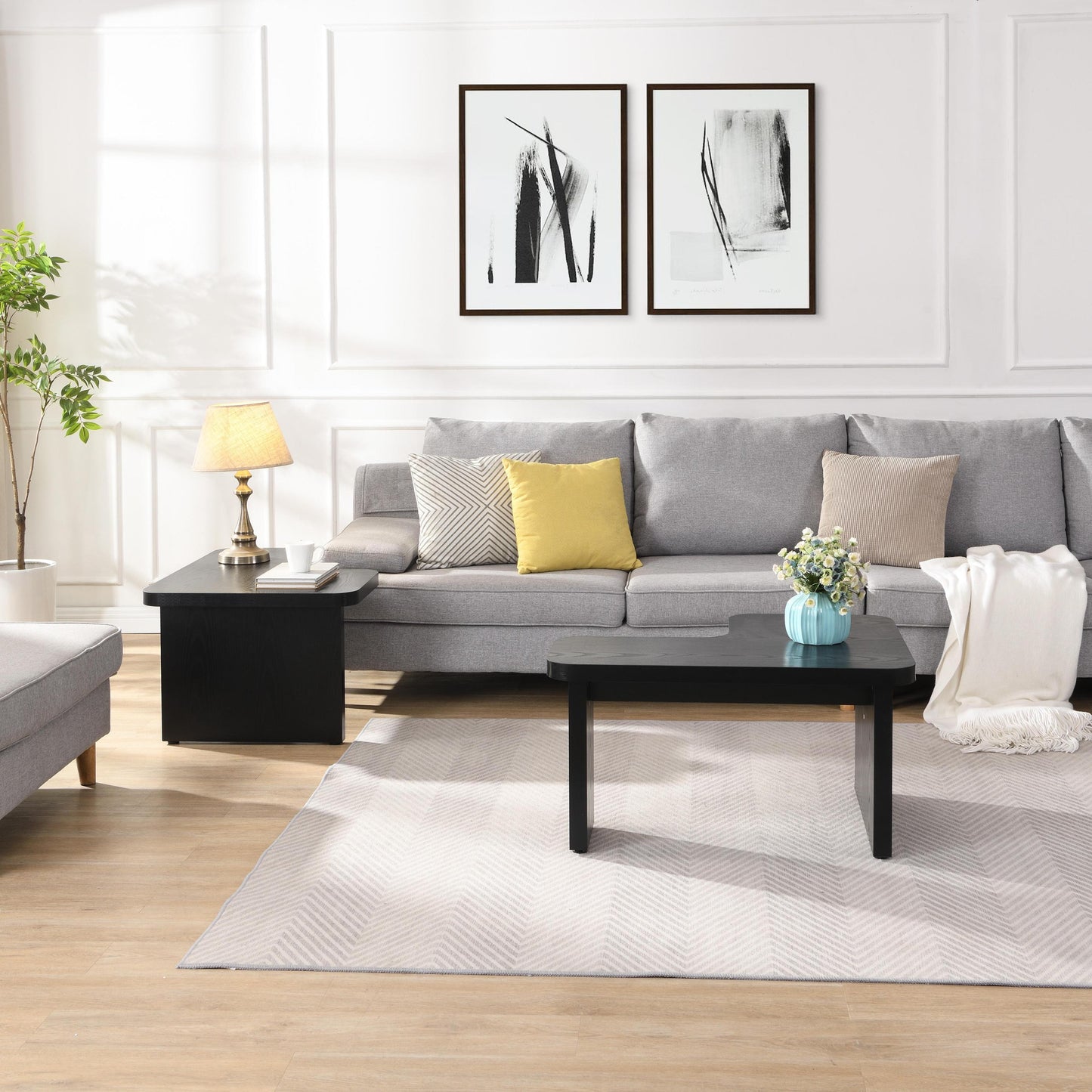 47.24*23.62 inch and 35.43*31.49 inch Rectangle Wood Detachable Coffee Table, Single L Shape Farmhouse Coffee Table for Dining Room, Garden, black