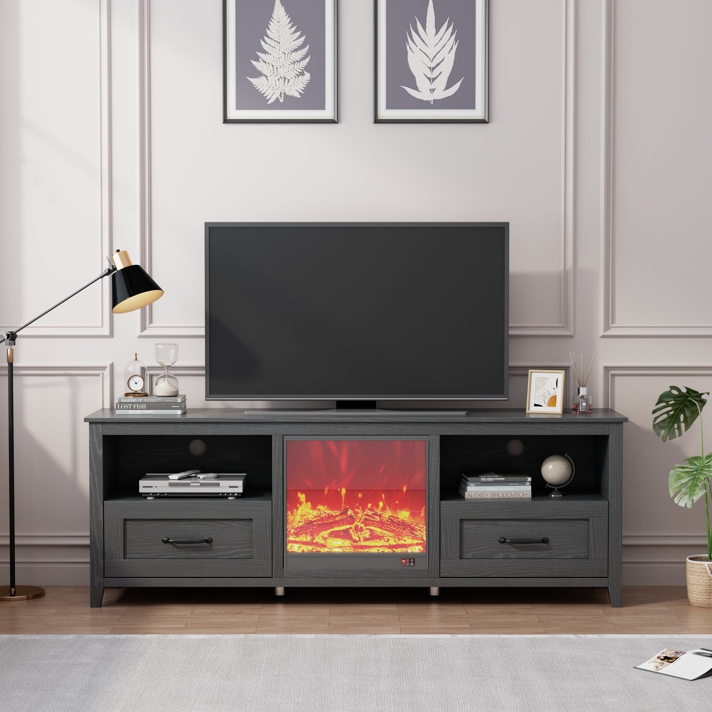 70.08 Inch Length Black TV Stand for Living Room and Bedroom, with 2 Drawers and 4 High-Capacity Storage Compartment,Suitable for fireplace