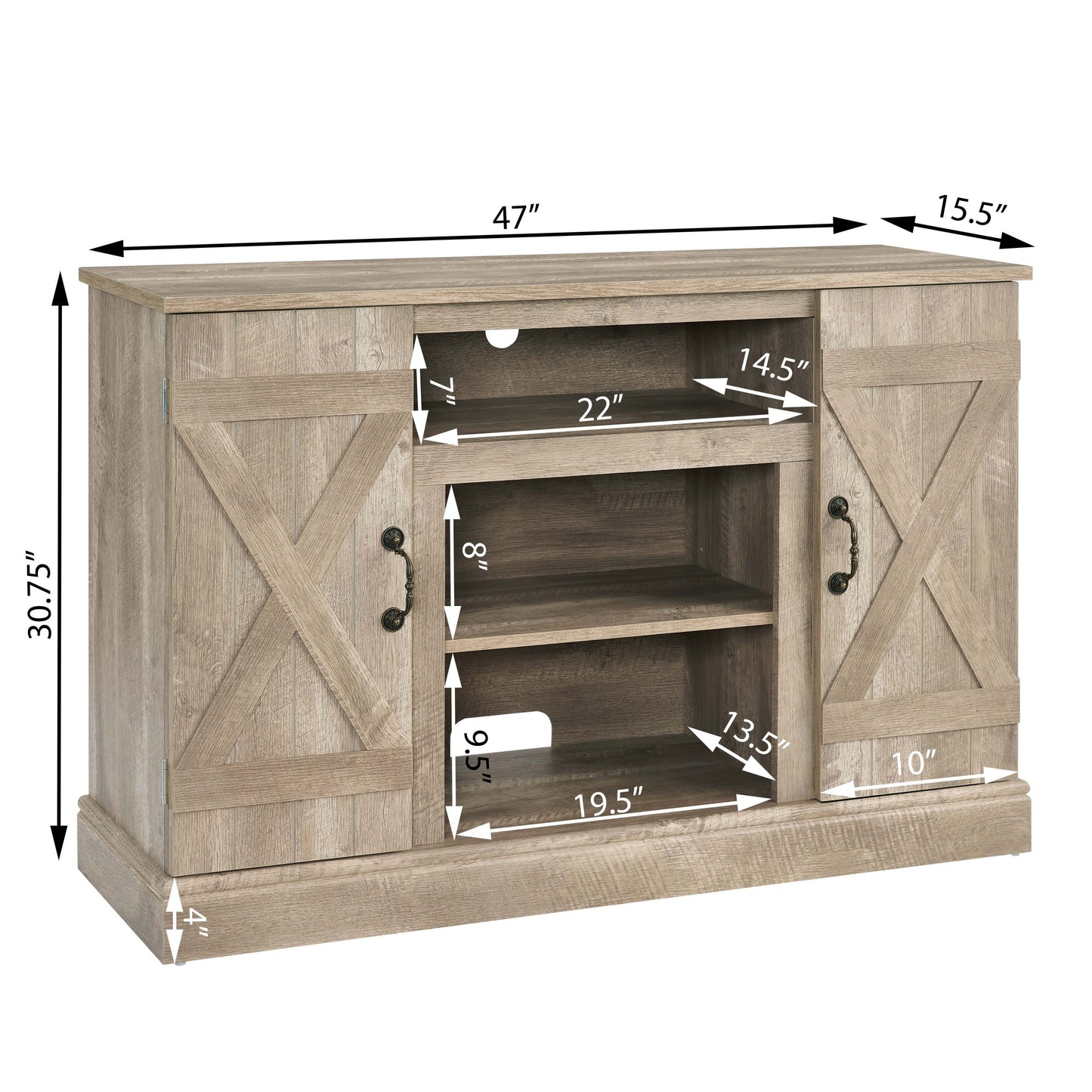 Farmhouse Classic Media TV Stand Antique Entertainment Console for TV up to 50' with Open and Closed Storage Space, Gray Wash, 47'W*15.5'D*30.75'H