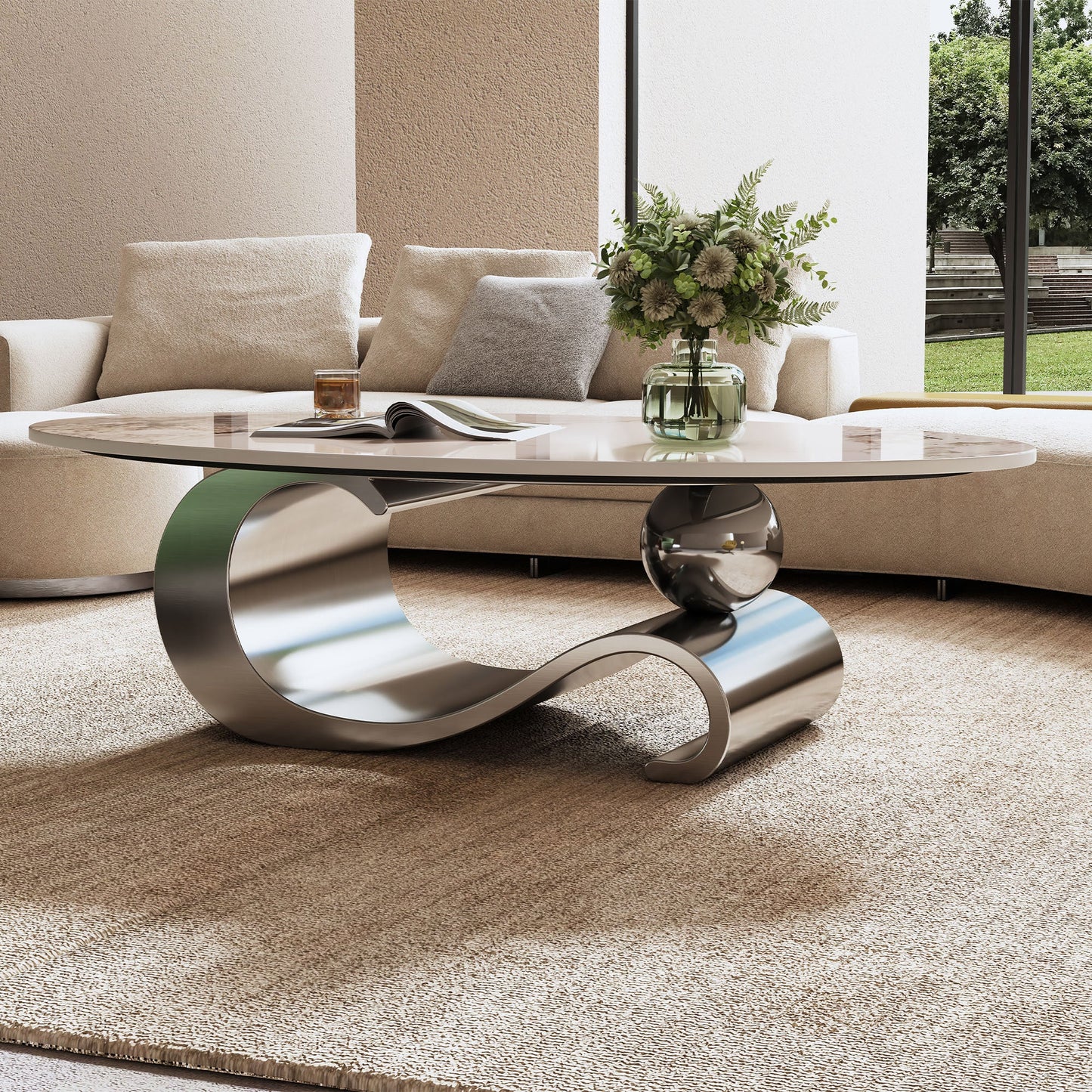 49.2' Faux Marble Oval Coffee Table, Contemporary Gray Stainless Steel Base, Modern Center Table for Living Room