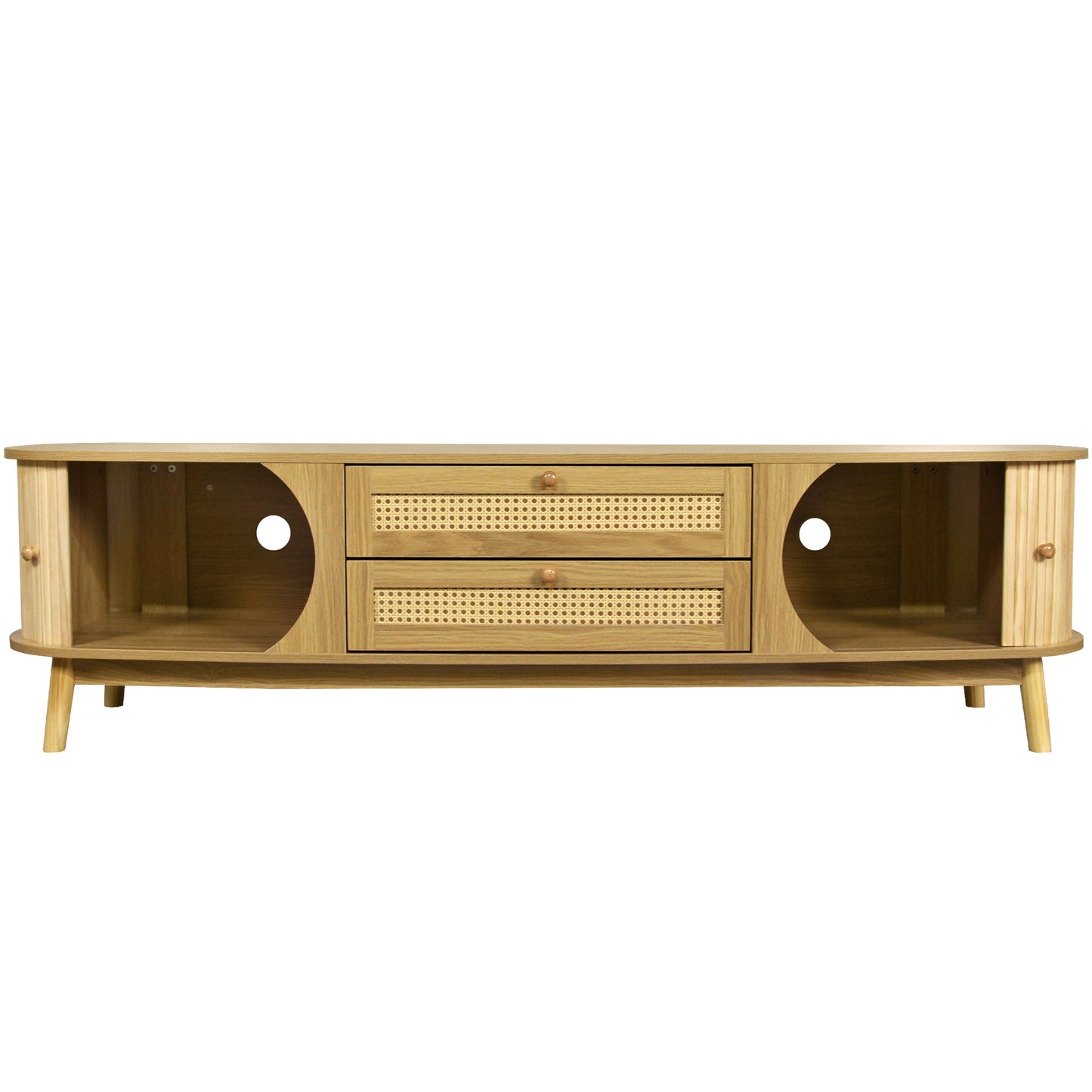 Rattan TV Stand for TVs up to 75'', Modern Farmhouse Media Console, Entertainment Center with Solid Wood Legs, TV Cabinet for Living Room,Home Theatre