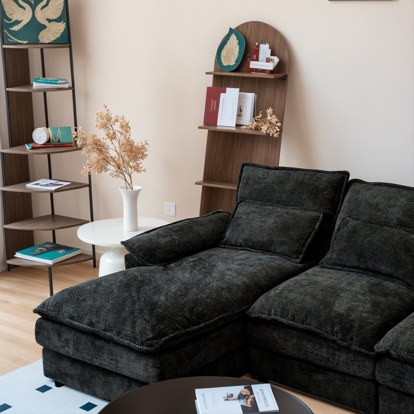 110' Modular Sectional Sofa Cloud Couch with Double Chaise Lounge , U Shaped Chenille Upholstered Leisure Sofa&Couches with Memory Foam and Waist Pillows for Living Room Office,Black.