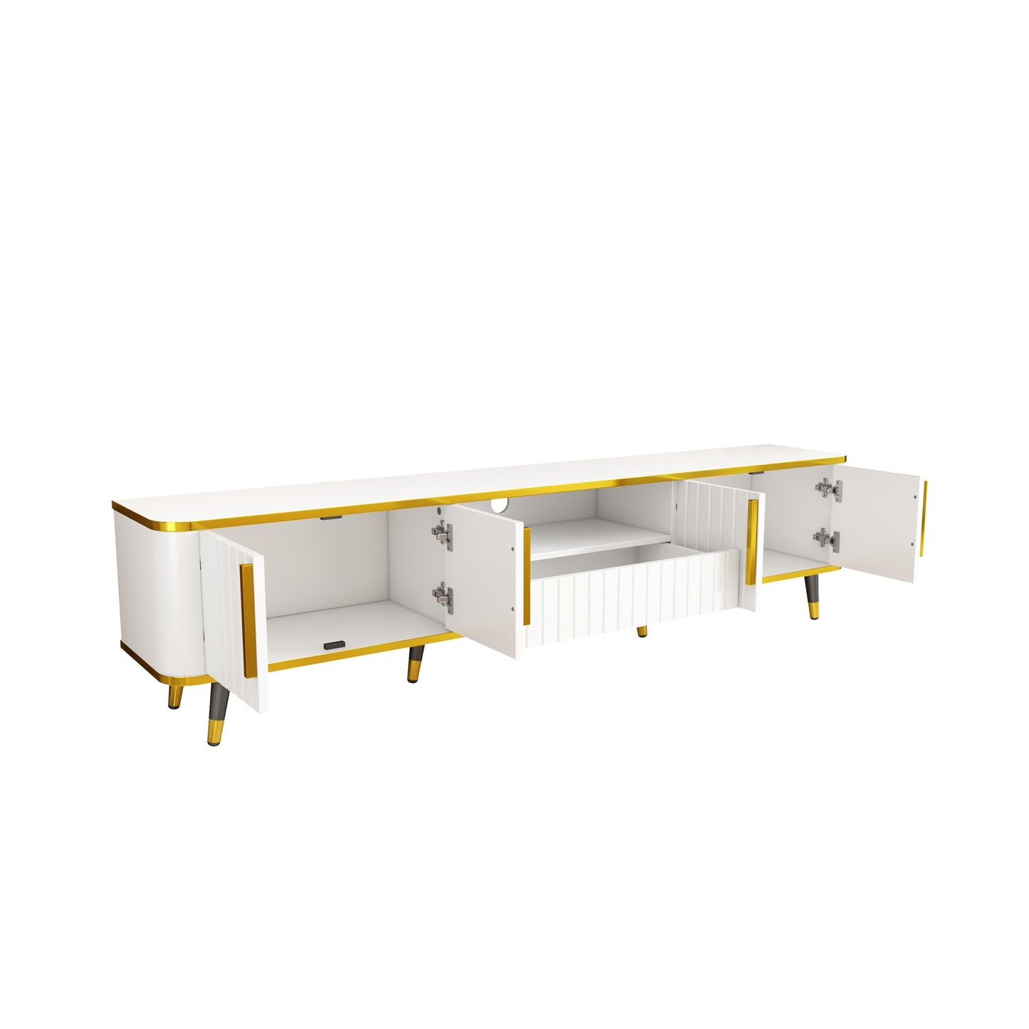 ON-TREND Luxury Minimalism TV Stand with Open Storage Shelf for TVs Up to 85', Entertainment Center with Cabinets and Drawers, Practical Media Console with Unique Legs for Living Room, White