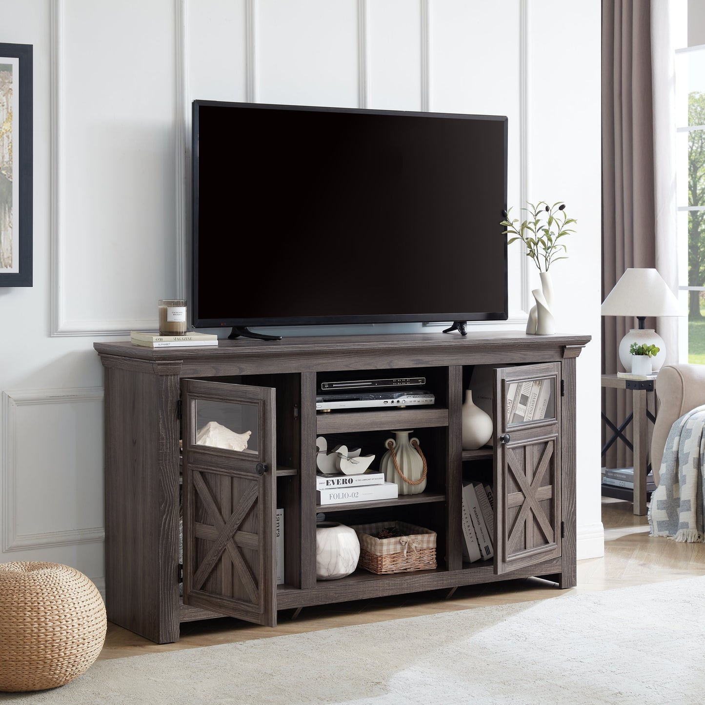 2 Doors Cabinet Farmhouse Cabinet, Farmhouse TV Stand Barn Design,Modern Farmhouse TV Media Stand, Large Barn Inspired Home Entertainment Console,GREY, 60.23'W*15.35'D*31.7'H