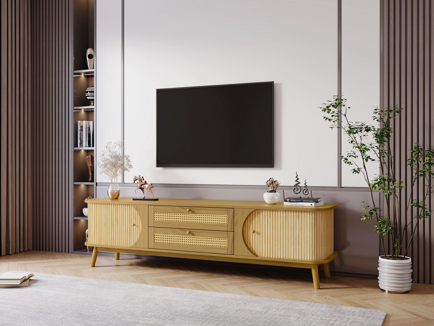Rattan TV Stand for TVs up to 75'', Modern Farmhouse Media Console, Entertainment Center with Solid Wood Legs, TV Cabinet for Living Room,Home Theatre