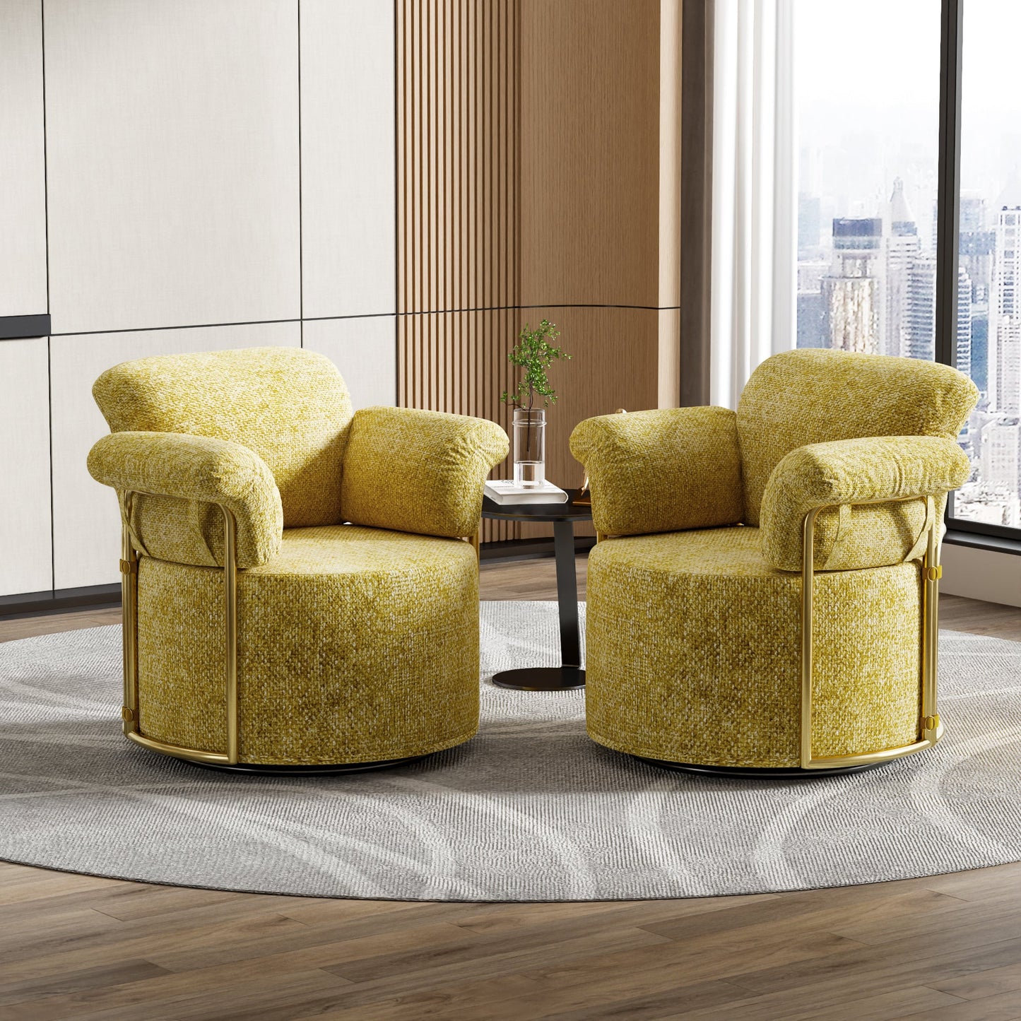 360 Degree Barrel Swivel Accent Sofa Chair,Fluffy Fabric Lounge Wide Upholstered Reading Chair with Gold Metal Legs, Comfortable Round Armchair for Living Room,Bedroom,Office(Yellow)