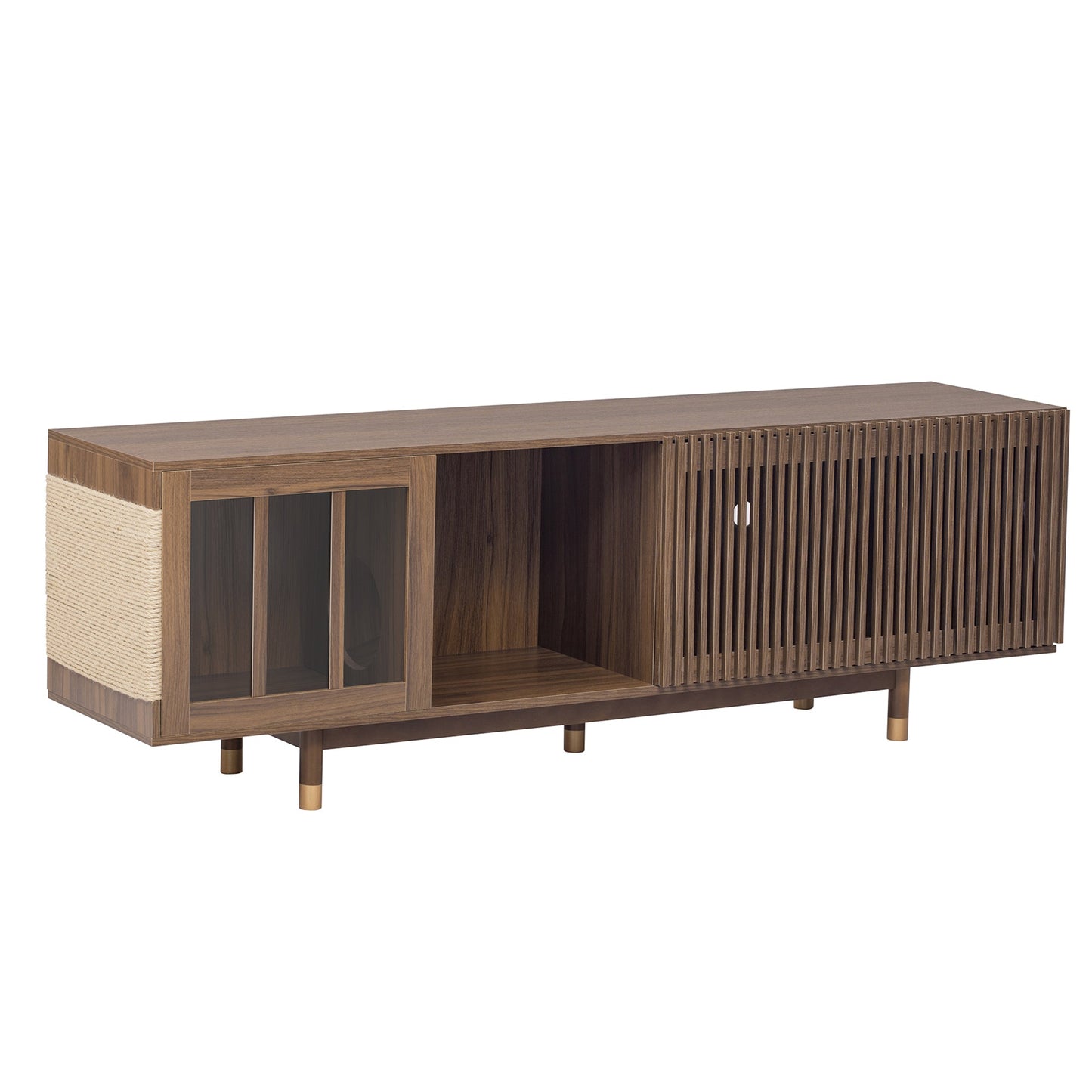 Mid-Century Modern style 2 IN 1 Cat Furniture Walnut TV STAND with Cat Scratcher, Cat house With Sliding Flip-down glass door