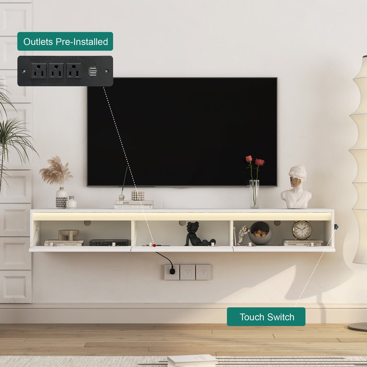 Floating TV Stand, Wall Mounted TV Shelf with Led Lights & Power Outlet,High Gloss TV Cabinet for tv Stands for Living Room