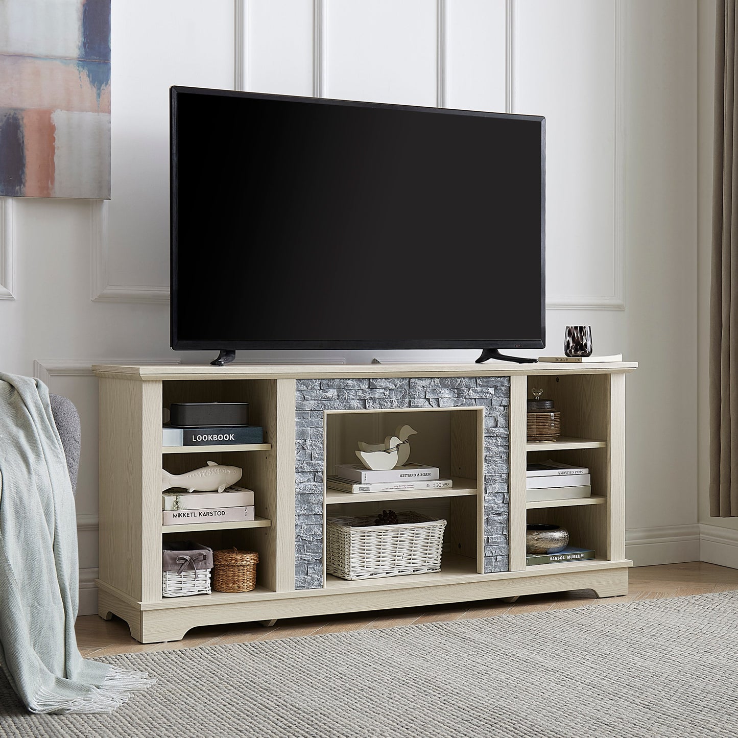 Mantel Stone TV Media Stand with with Faux Stacked Stone Surround, Modern Entertainment Console with Open Storage Space,WHITE, 58.31'W*15.39'D*26.06'H