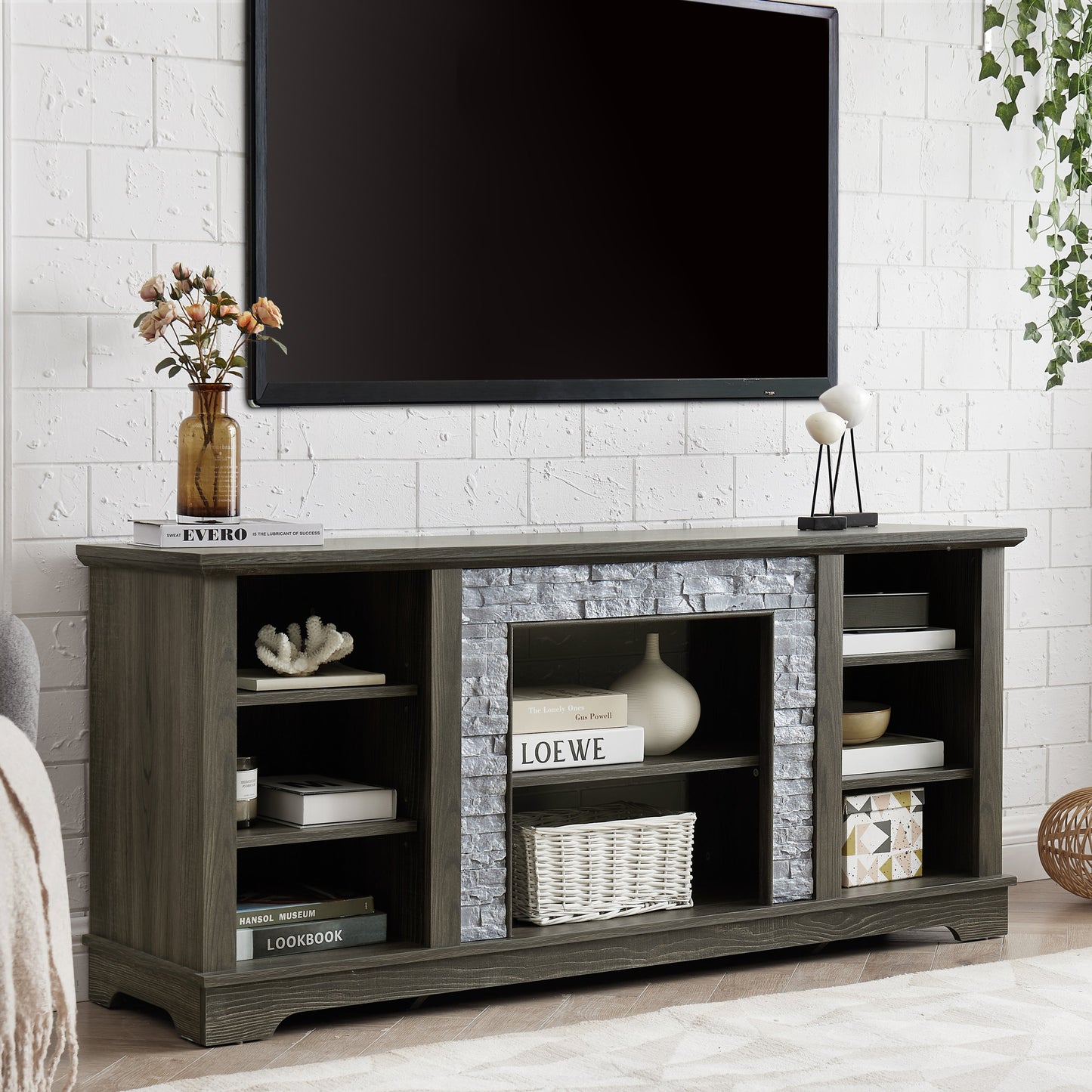 Mantel Stone TV Media Stand with with Faux Stacked Stone Surround, Modern Entertainment Console with Open Storage Space,Grey, 58.31'W*15.39'D*26.06'H