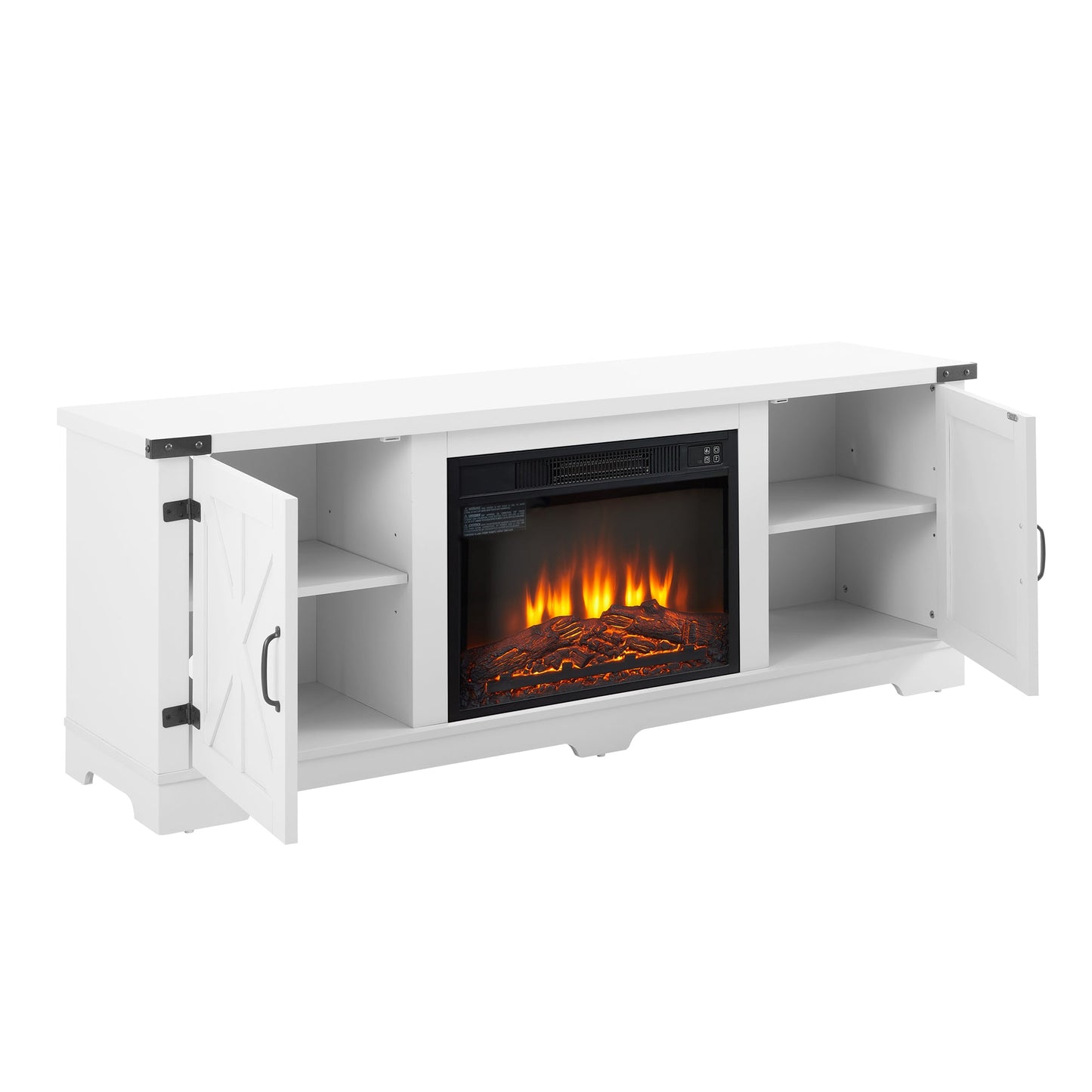 Modern Farmhouse TV Media Stand, Large Barn Inspired Home Entertainment Console, with 23' Fireplace Insert, for TV Up to 70'', with Open Shelves and Closed Cabinets, White, 64.8'W*15.67'D*24.29'H