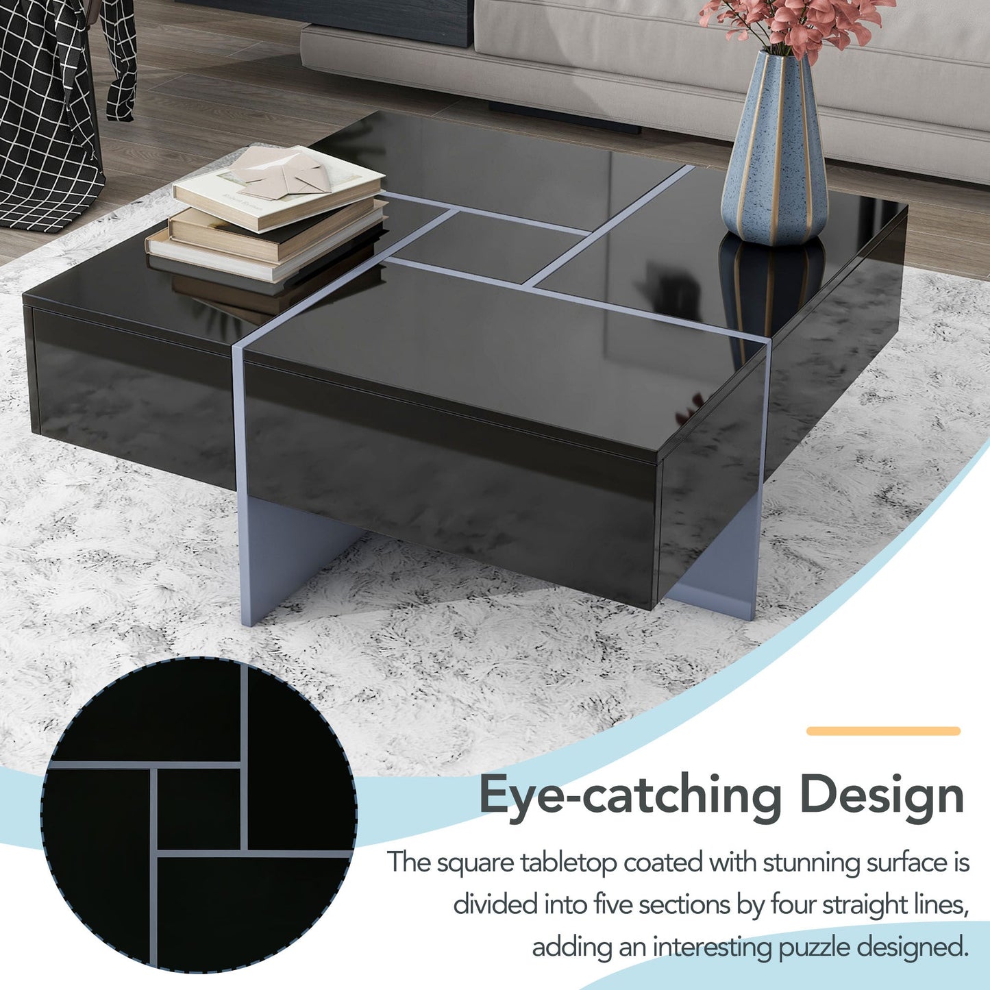 ON-TREND Unique Design Coffee Table with 4 Hidden Storage Compartments, Square Cocktail Table with Extendable Sliding Tabletop, UV High-gloss Design Center Table for Living Room, 31.5'x 31.5'
