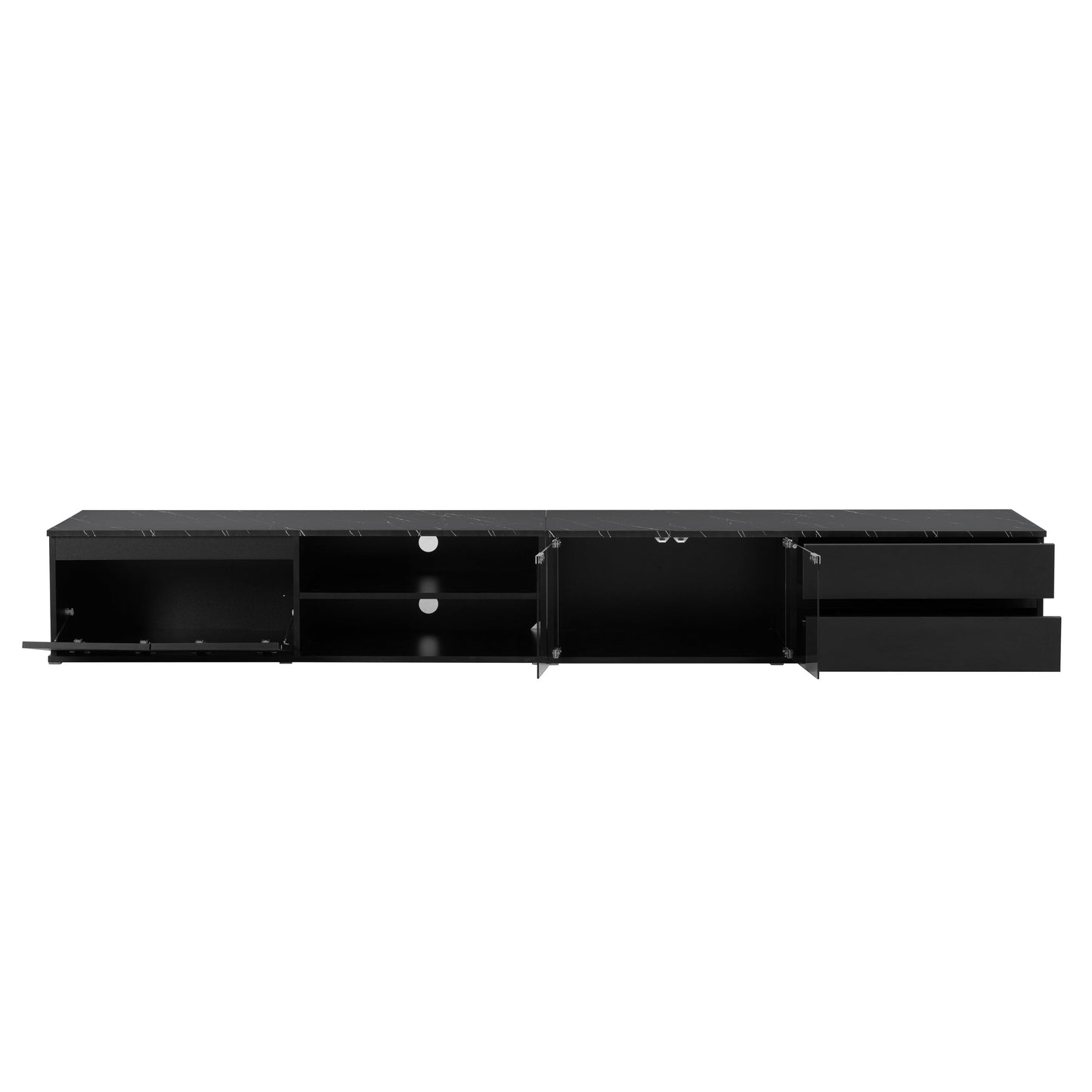 ON-TREND Modern APP Controlled LED TV Stand for TVs Up to 105'', Faux Marble Tabletop Media Console with Tempered Glass Doors, Entertainment Center with 2 Drawers & Cabinets for Living Room, Black