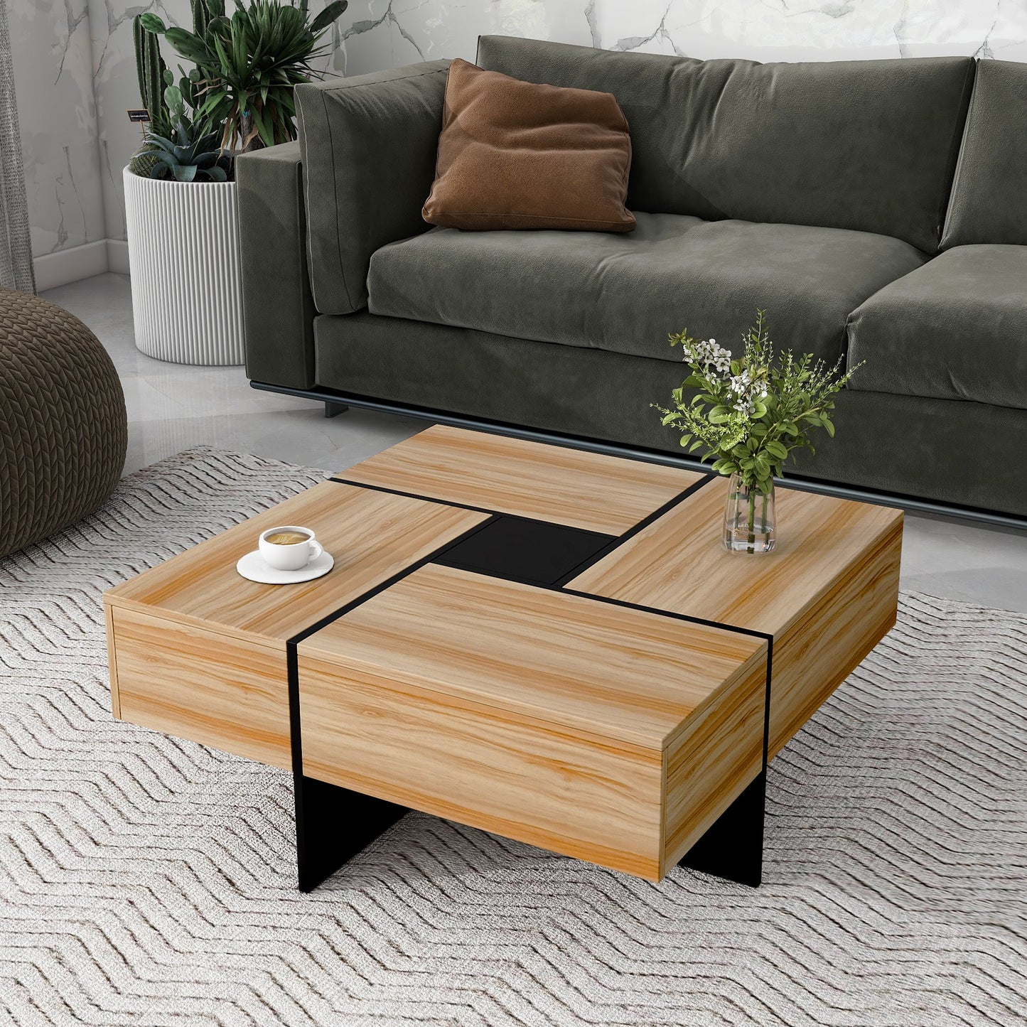 ON-TREND Unique Design Coffee Table with 4 Hidden Storage Compartments, Square Cocktail Table with Extendable Sliding Tabletop, UV High-gloss Design Center Table for Living Room, 31.5'x 31.5'