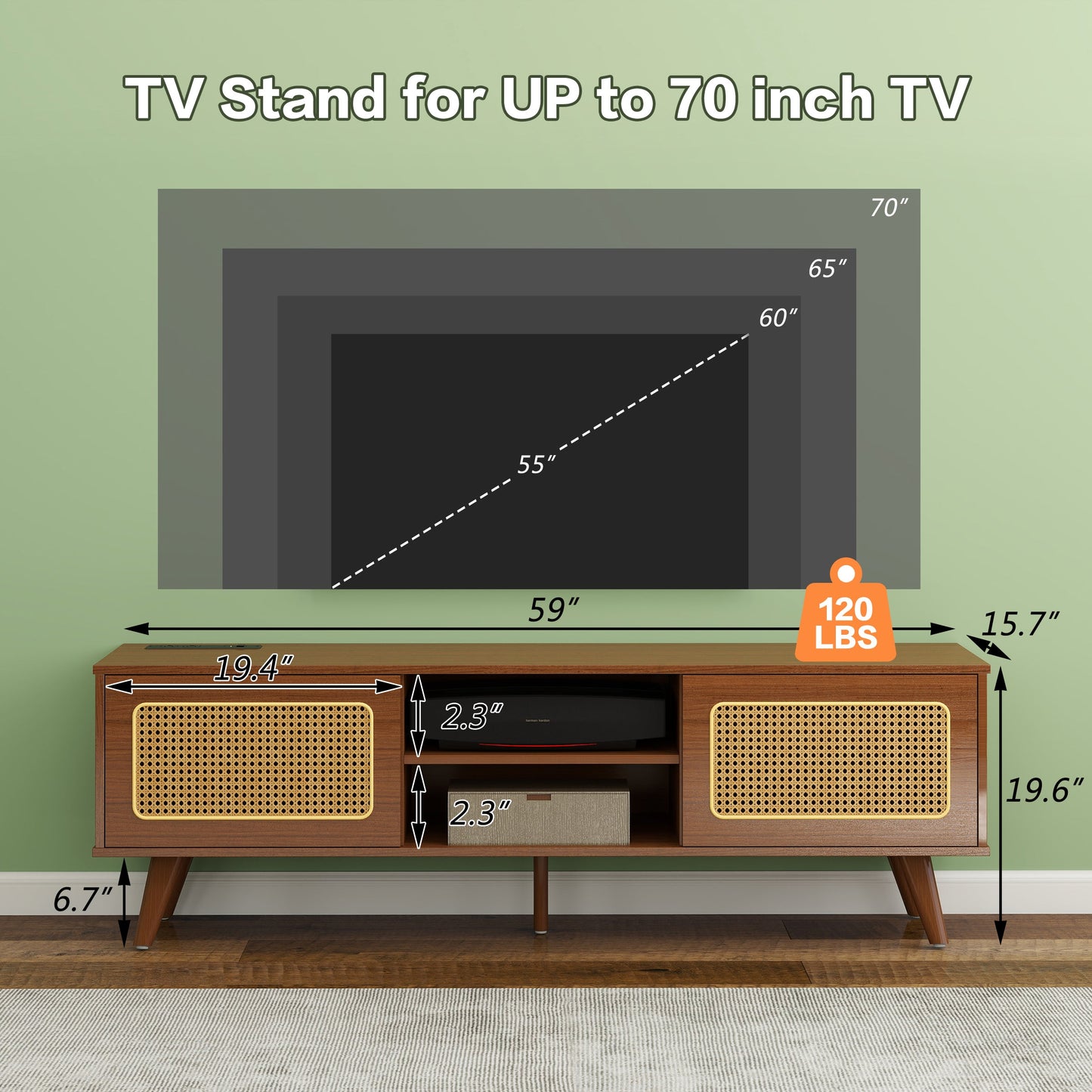 Mid Century Modern Rattan TV Stand for 55/60/65 inch TV , Entertainment Cabinet, Media Console for Living Room Bedroom Media Room, Solid Wood Feet & Rattan Cabinet Doors (Walnut, 59')