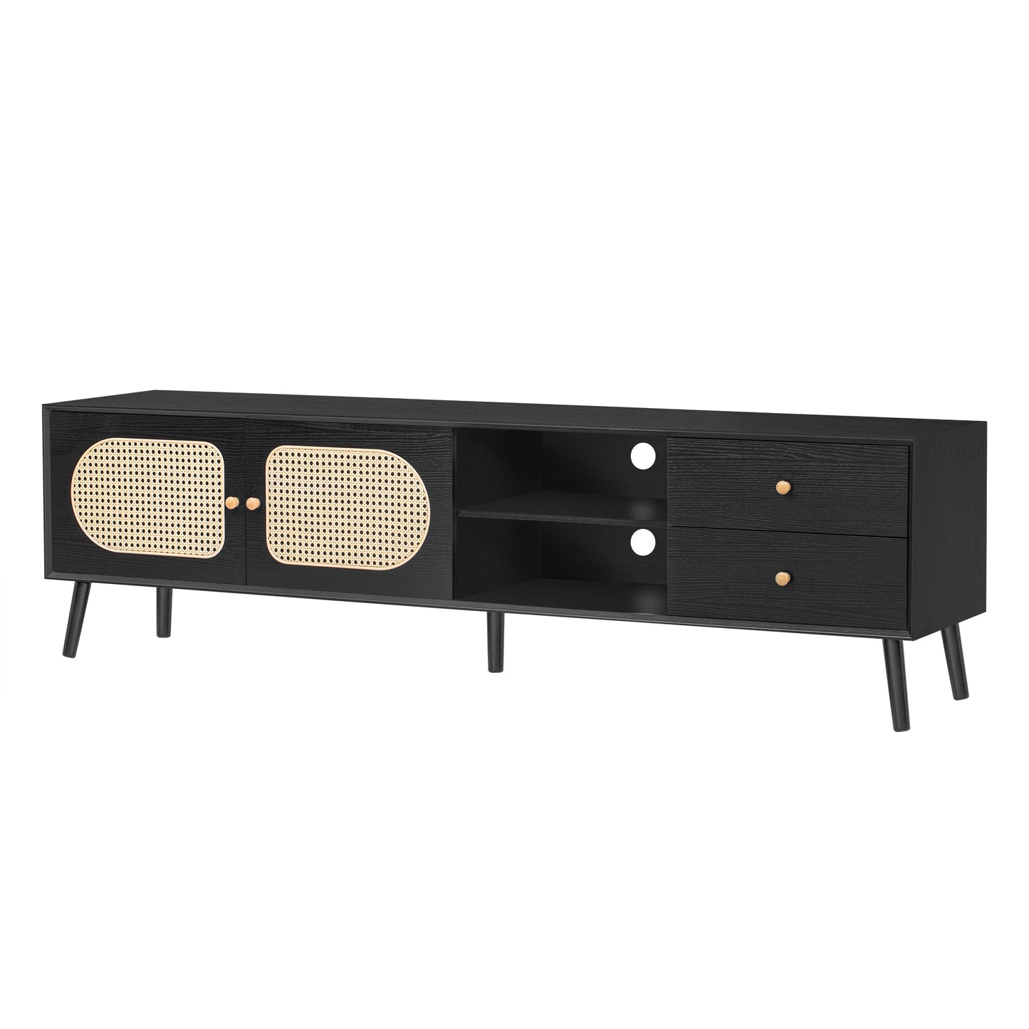 70' TV Stand for TVs up to 80 Inches, Mid Century Modern Entertainment Center with Rattan Doors, 2 Drawers, and Open Shelf, Television Stand for Living Room