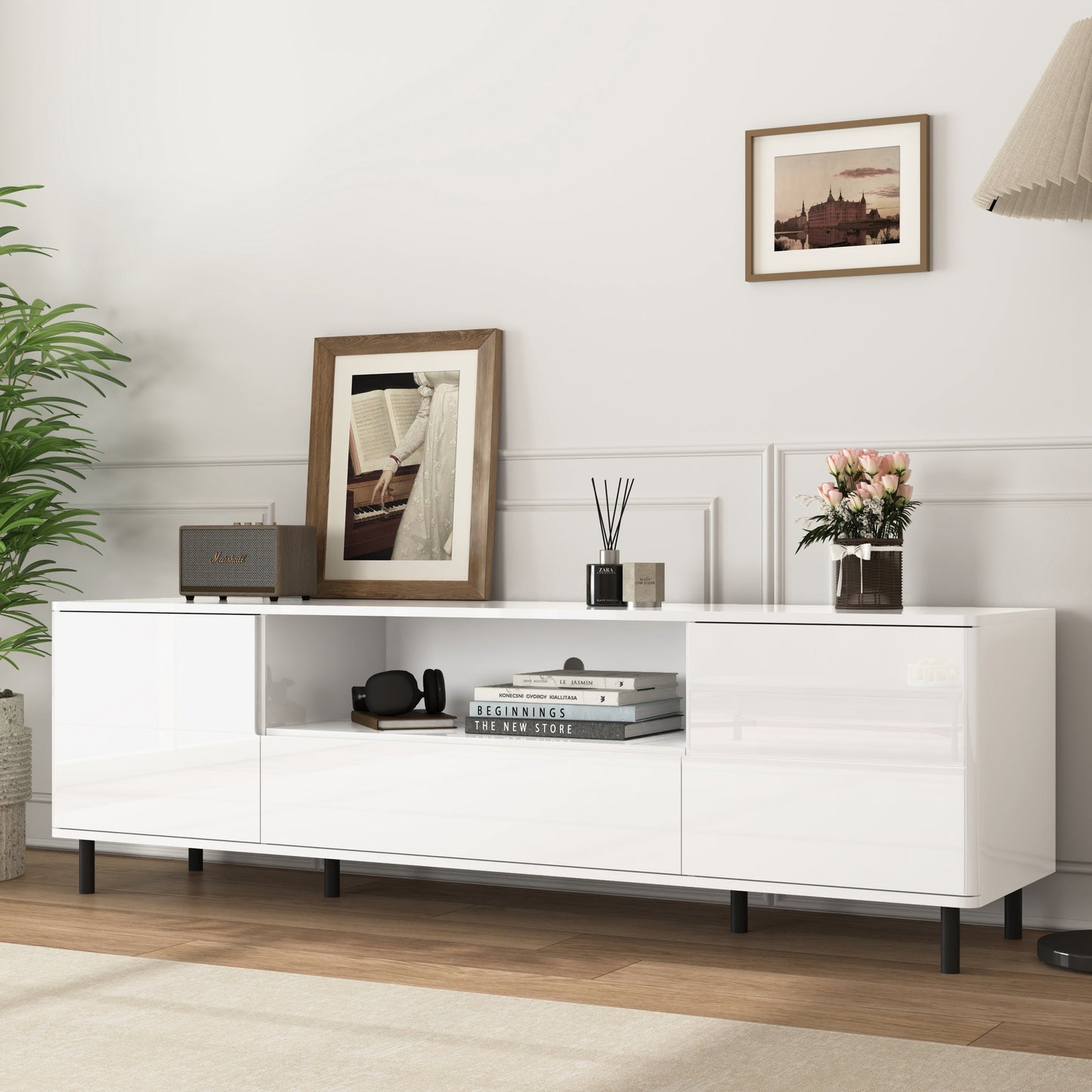 High Gloss Panel Modern TV Console, TV Stand, Entertainment Center with Storage Shelves,TV Cabinet for Living Room, Bedroom, Cloud White 63x15.74x19.68 inch