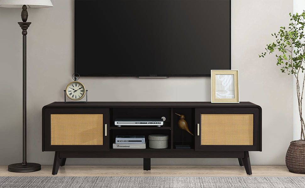 63'' Dark Rattan TV Stand with 2 Storage Cabinets for 65 Inch TV, Entertainment Center with Solid Wood Legs, Media Console Table for Living Room, Bedroom