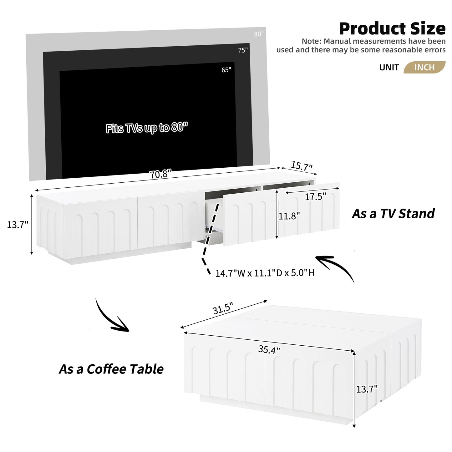 ON-TREND Elegant TV Stand with Arched Design for TVs Up to 80', Modern Dual Purpose Coffee Table with 4 Drawers, Multi-Functional Organizer Cabinet with Storage for Living Room, Bedroom, White