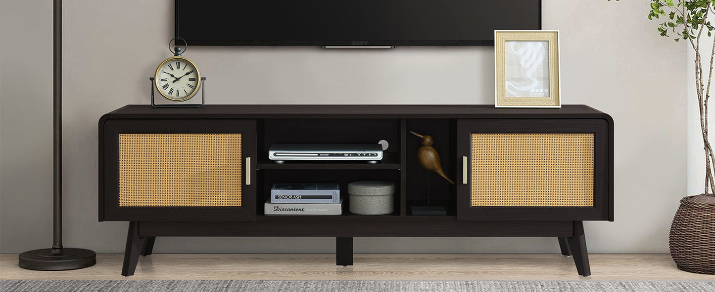 63'' Dark Rattan TV Stand with 2 Storage Cabinets for 65 Inch TV, Entertainment Center with Solid Wood Legs, Media Console Table for Living Room, Bedroom