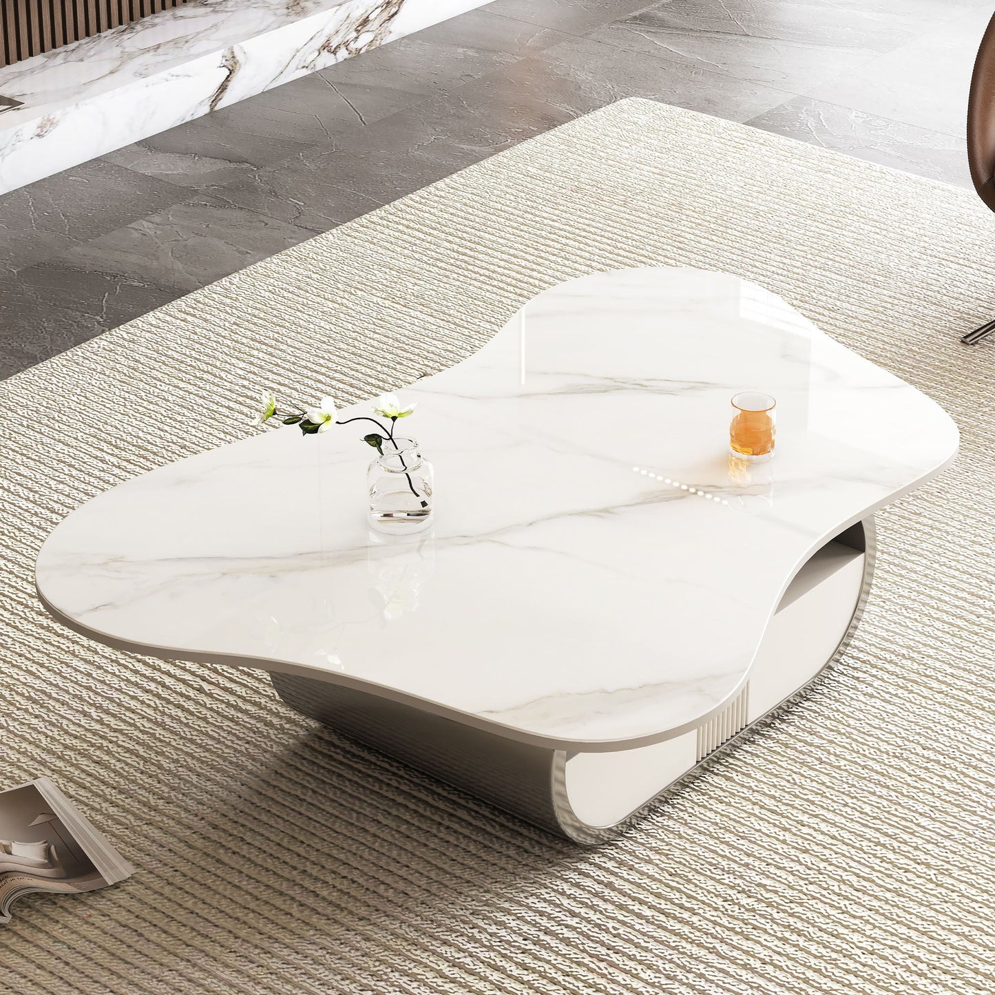 Modern Butterfly Coffee Table with Sintered Stone Top – Oval Center Table with Storage Shelf & Drawer, Stainless Steel Base & MDF Cabinet