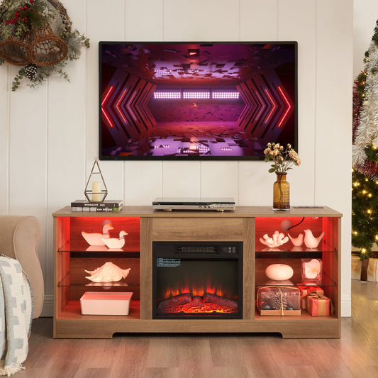 TV Stand Electric Fireplace TV Stand with Glass Shelves, 3D Fireplace TV Stand with LED Lights Wood with USB Charging Outlet Modern Television Table Center for TV up to 32-62' OAK 58'W*15.4''D*24.4