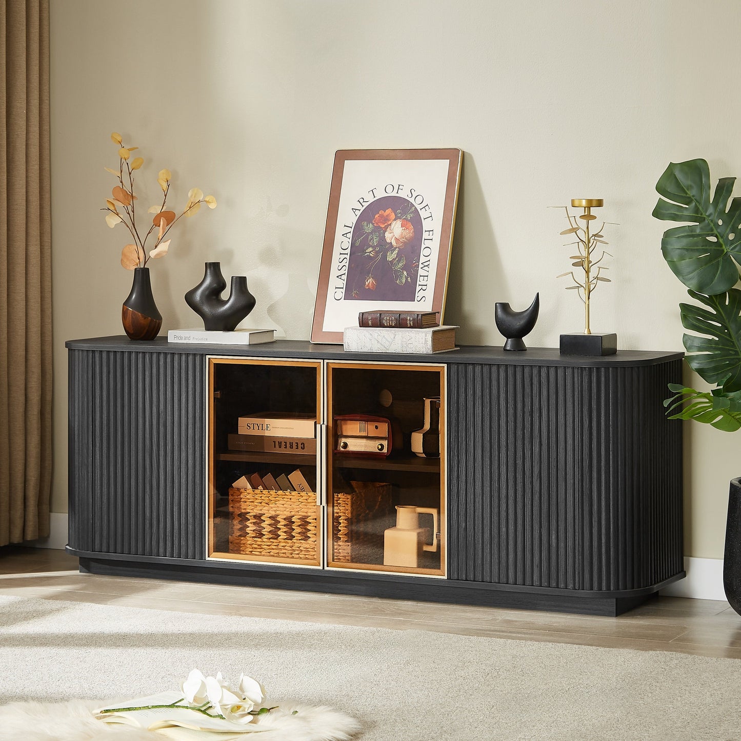Modern 64-Inch Wavy TV Cabinet with LED Lights, Black, Particleboard and MDF, 64''W x 15''D x 24''H
