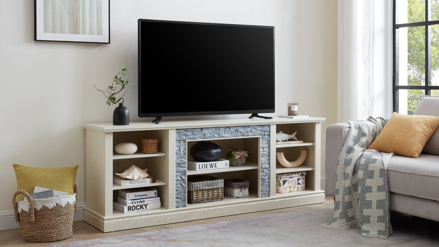 Large TV Desk Storage Rack with Faux Stacked Stone Surround,Media Console Table with Large Storage Cabinet,Modern TV Media Entertaionment Stand,WHITE, 70.12'W*15.35'D*25.83'H