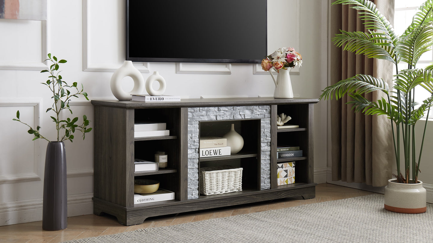 Mantel Stone TV Media Stand with with Faux Stacked Stone Surround, Modern Entertainment Console with Open Storage Space,Grey, 58.31'W*15.39'D*26.06'H