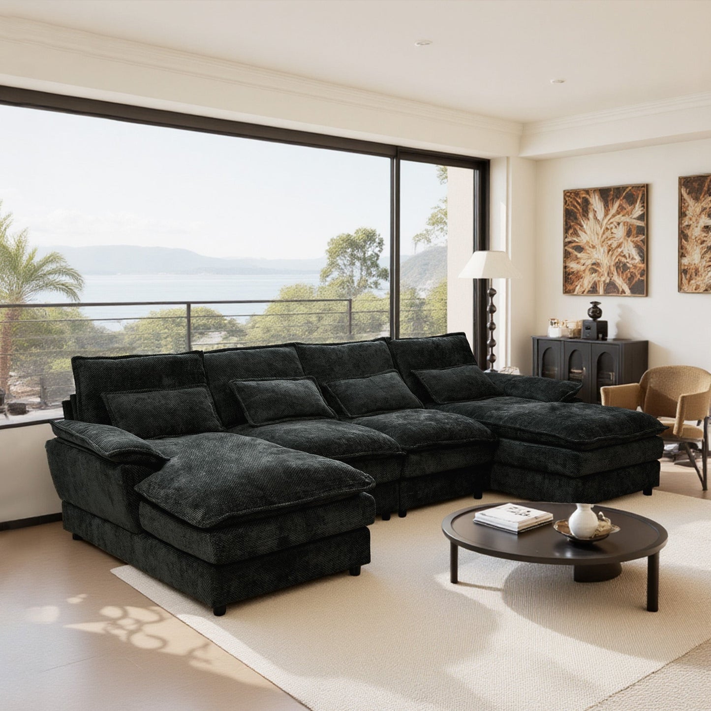 110' Modular Sectional Sofa Cloud Couch with Double Chaise Lounge , U Shaped Chenille Upholstered Leisure Sofa&Couches with Memory Foam and Waist Pillows for Living Room Office,Black.